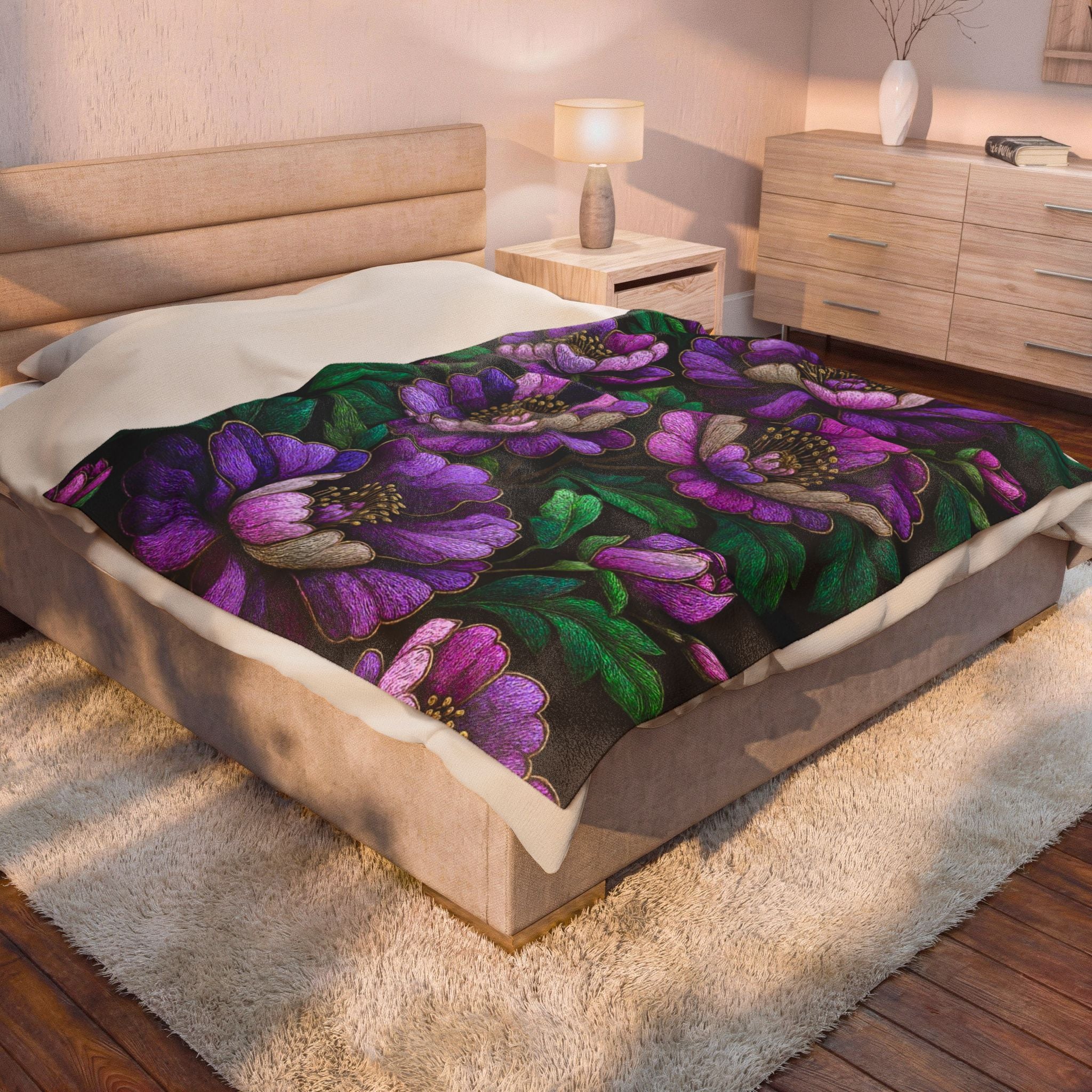 Petrykivka Bloom Blanket | Purple Peony Floral Plush Throw | Moody Embroidered Look Velveteen Cozy Blanket