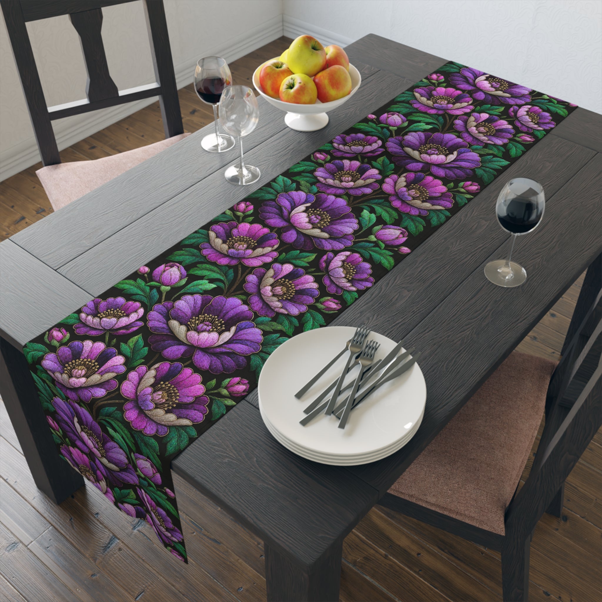 BLUESKYDEZIGN | Petrykivka Bloom Purple Peony Table Runner | Ukrainian Folk Art Dining Decor | Dark Cottagecore | Cotton or Polyester