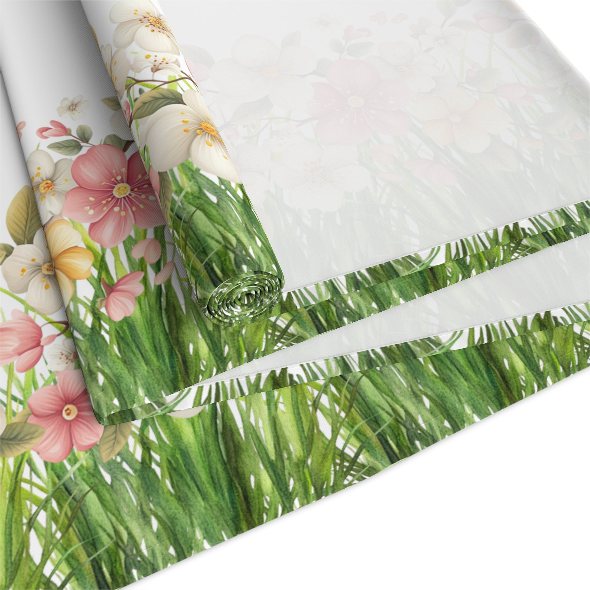 Spring Floral Table Runner, Cotton  Polyester Table Decor, Green Grass Border with Pink White Flowers, Dining Table Runner in 16×72, 16×90
