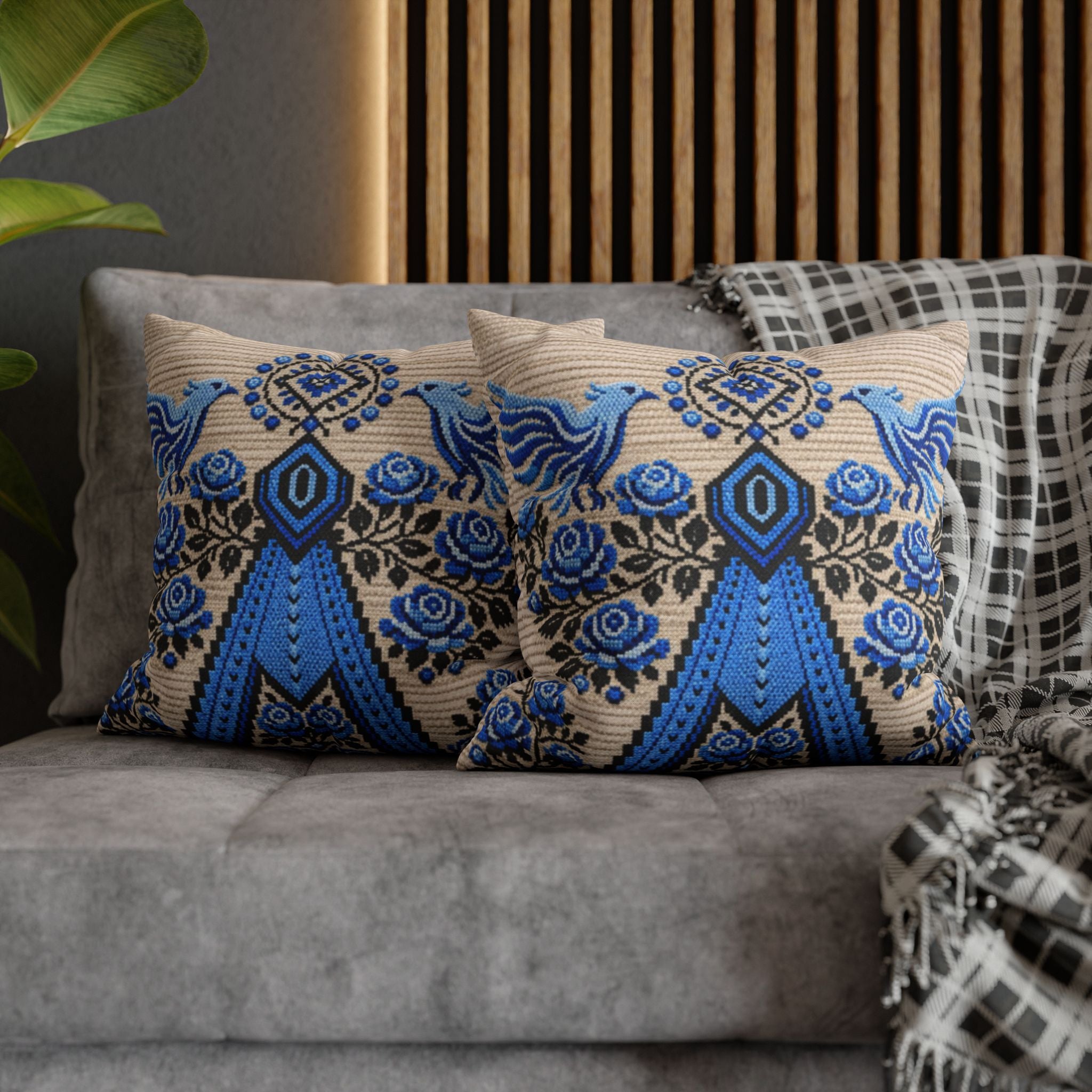 Ukrainian Berehynia throw pillow with blue black folk art pattern on sofa
