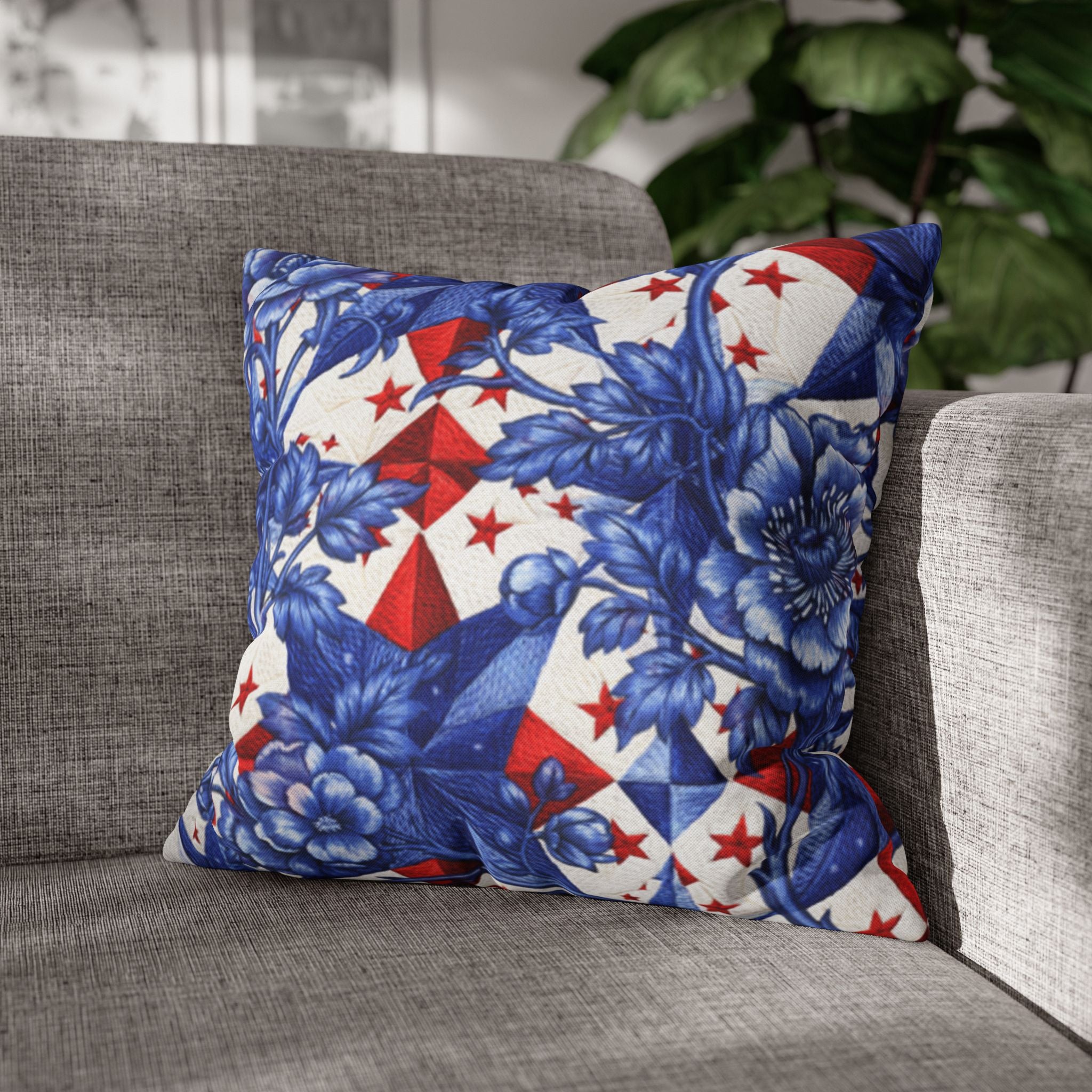 America 250th Anniversary Pillowcase - Patriotic Blue & Red Kaleidoscope Toile Floral Throw Pillow Cover