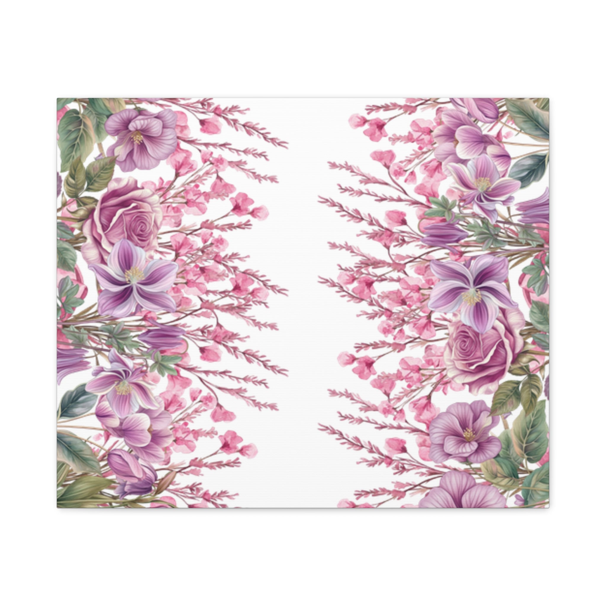 Floral Matte Canvas Wall Art, Pink Purple Botanical Print, Modern Symmetrical Flower Design, Stretched 1.25" Canvas Home Decor