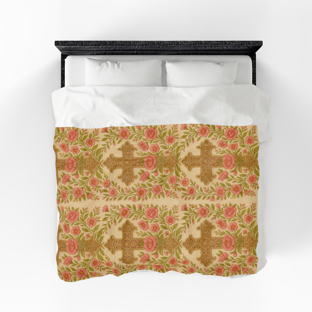 BLUESKYDEZIGN Blessed Home Floral Cross Plush Blanket | Vintage Rose Religious Throw | Soft Velveteen | 3 Sizes