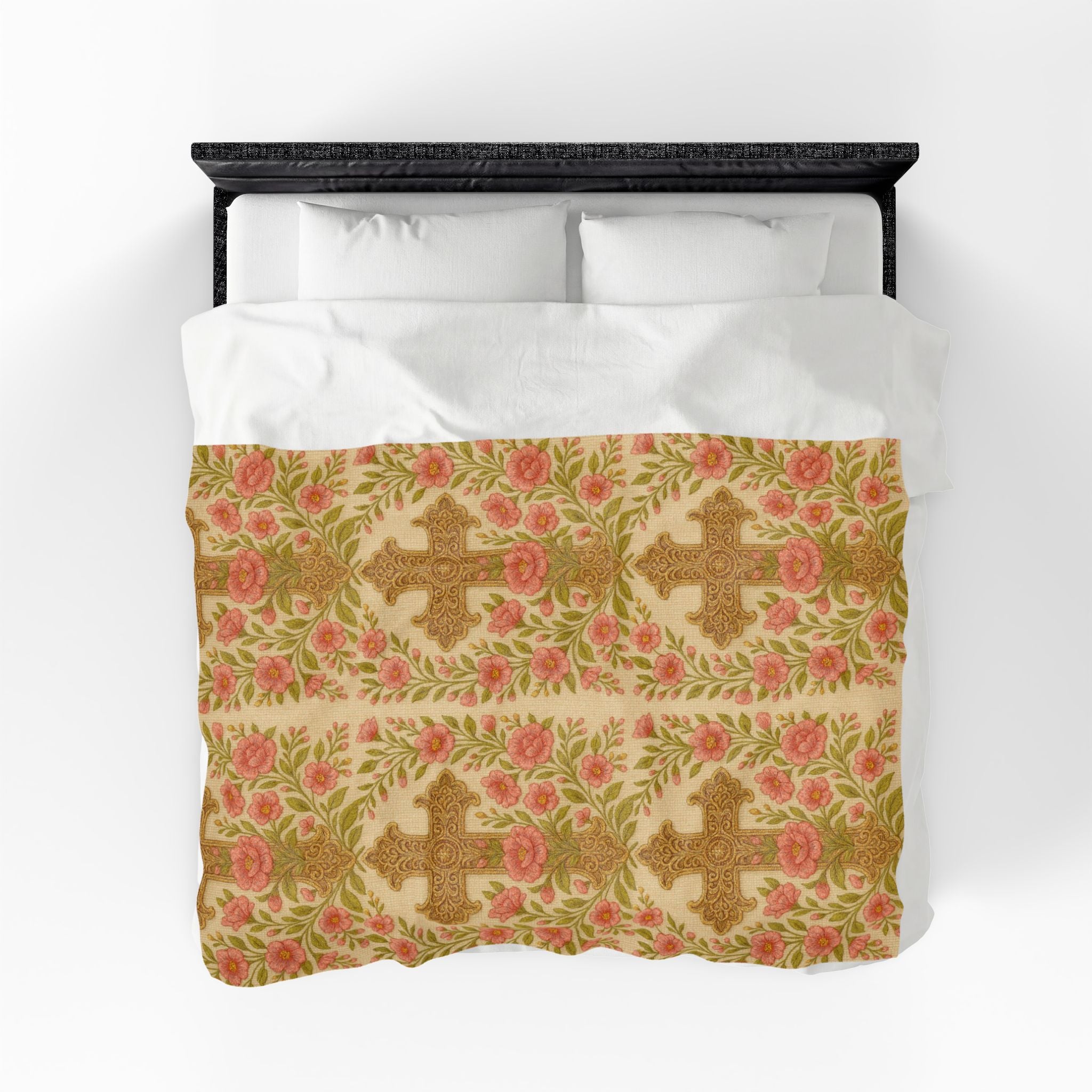 BLUESKYDEZIGN Blessed Home Floral Cross Plush Blanket | Vintage Rose Religious Throw | Soft Velveteen | 3 Sizes