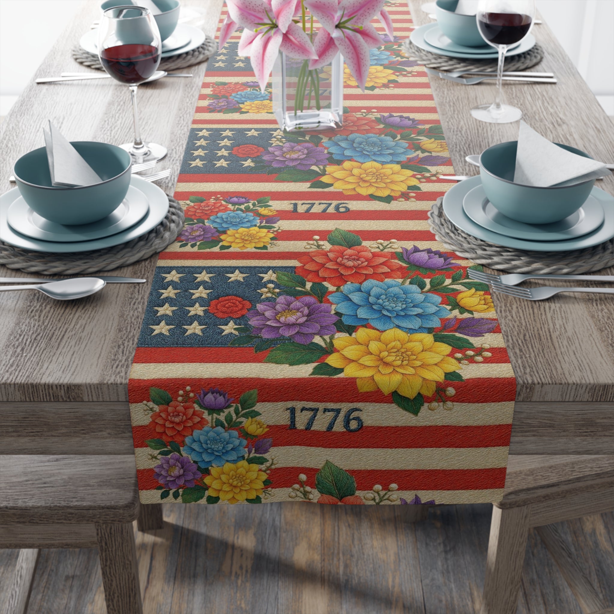 1776 American flag floral table runner with stars, stripes and vibrant summer wildflowers — 16x72 inch patriotic dining decor for 4th of July and Memorial Day

