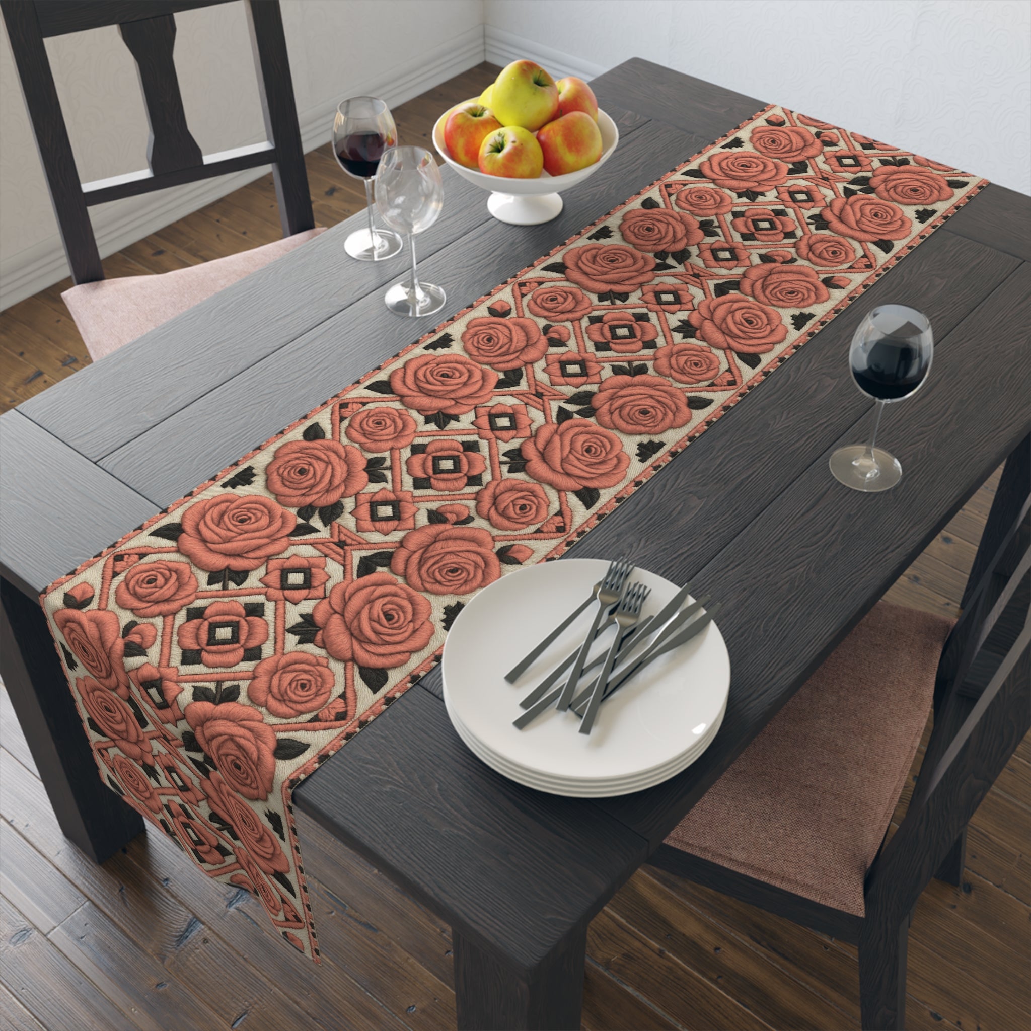 Red Roses Table Runner | Vintage Geometric Floral Dining Decor | Cotton Twill & Polyester