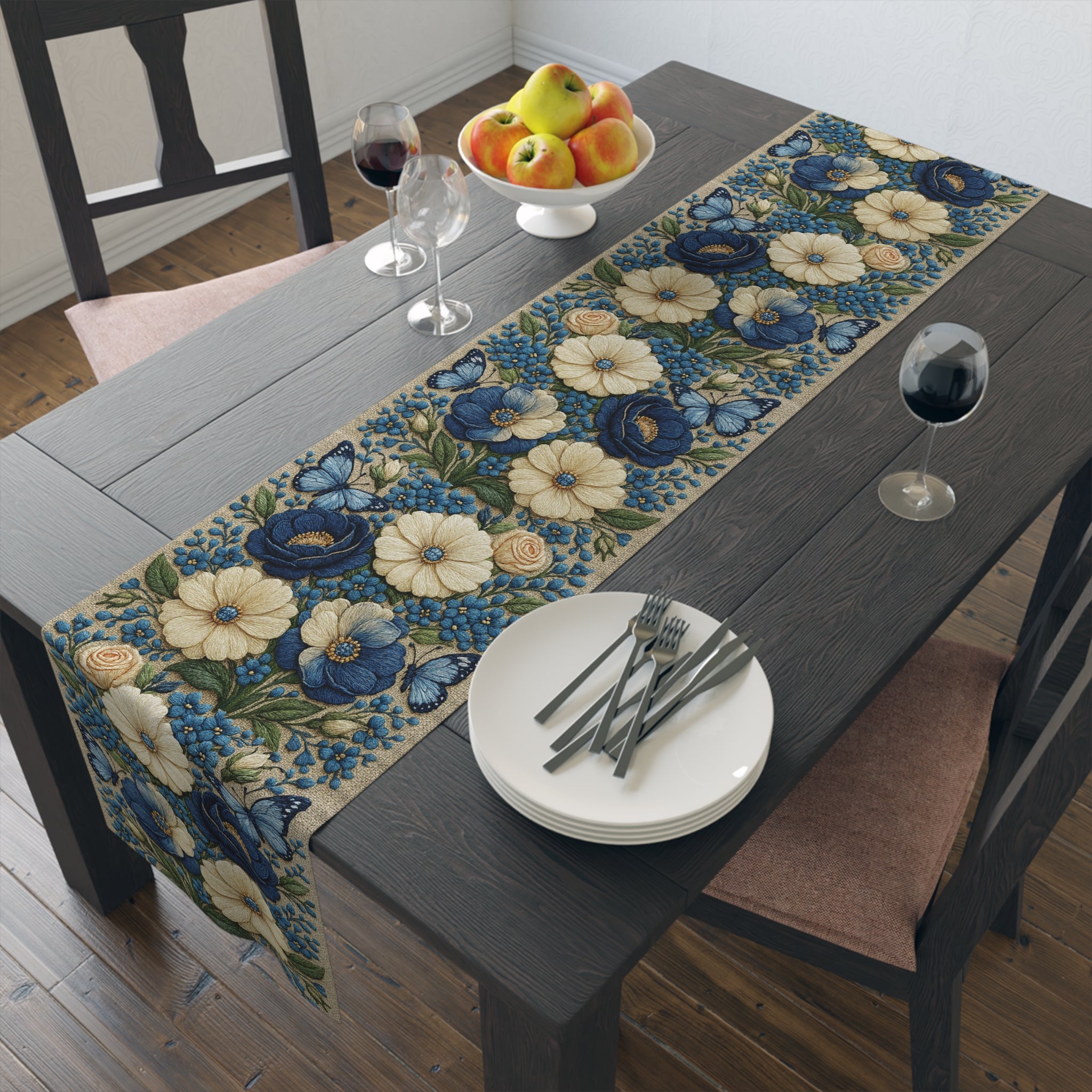 Wild Beauty Floral Table Runner – Blue & Cream Botanical Design