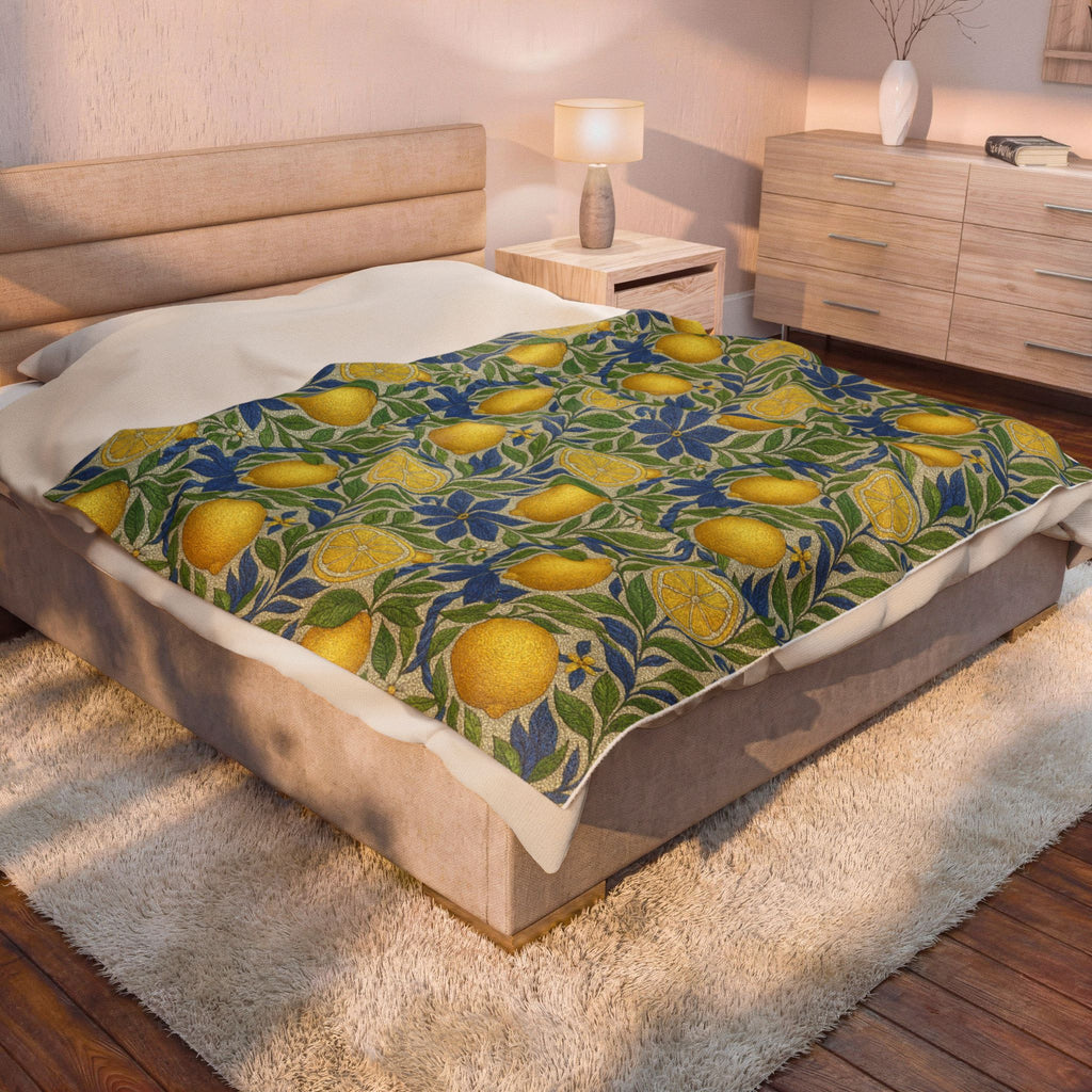 Citrus Riviera Lemon Velveteen Plush Blanket – Mediterranean Botanical Throw | William Morris Style