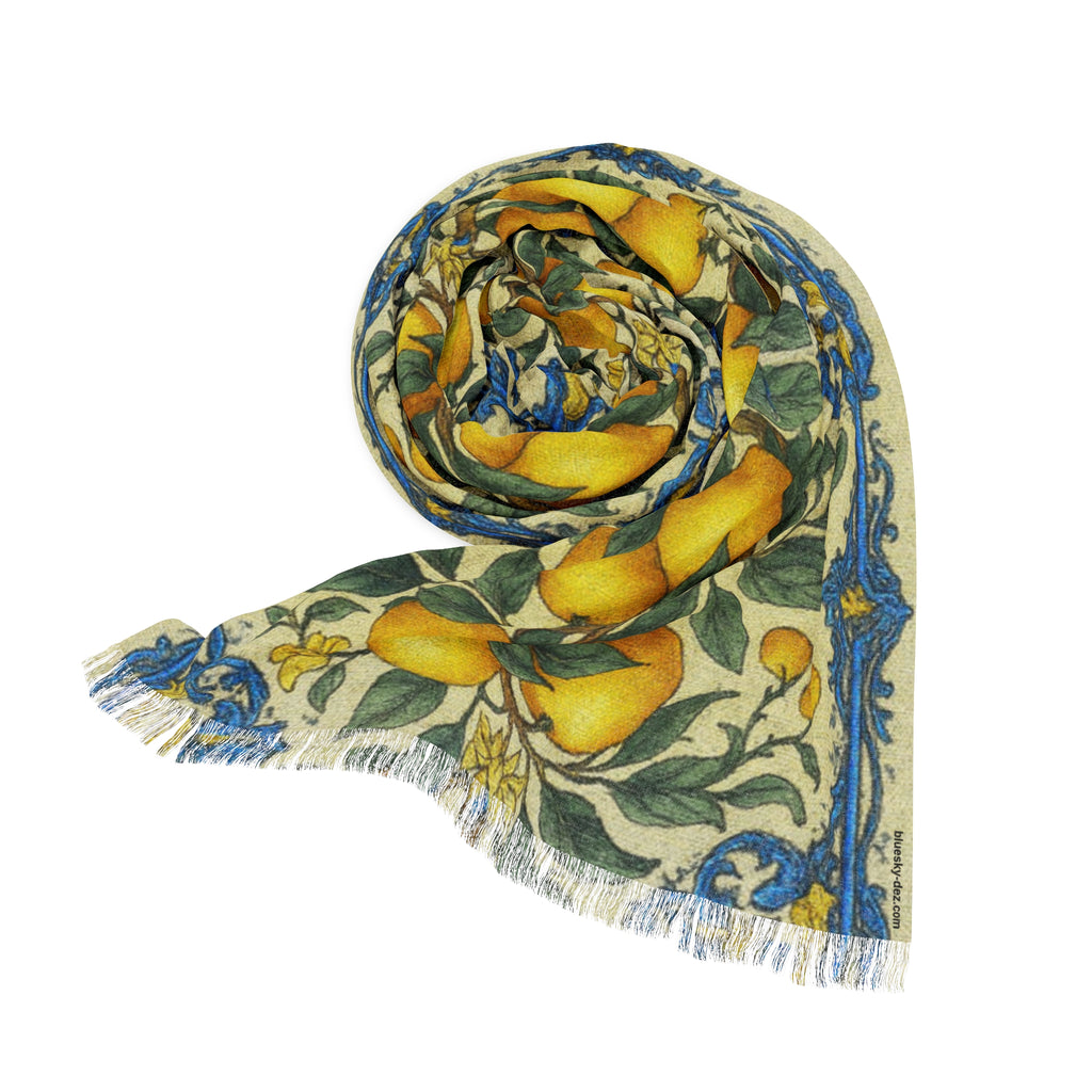 Citrus Riviera Lemon Botanical Scarf – Mediterranean Silk-Feel Lightweight Shawl & Wrap 27”×71”