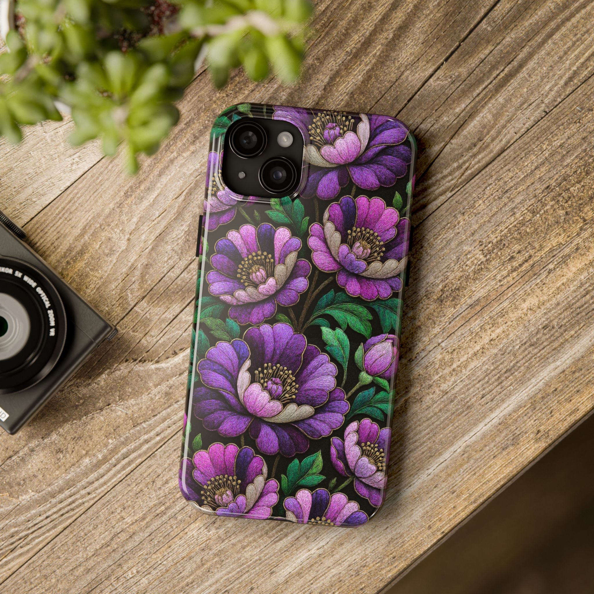 Petrykivka Bloom Phone Case | Purple Floral Tough Phone Case | Moody Embroidered Look Botanical Phone Cover
