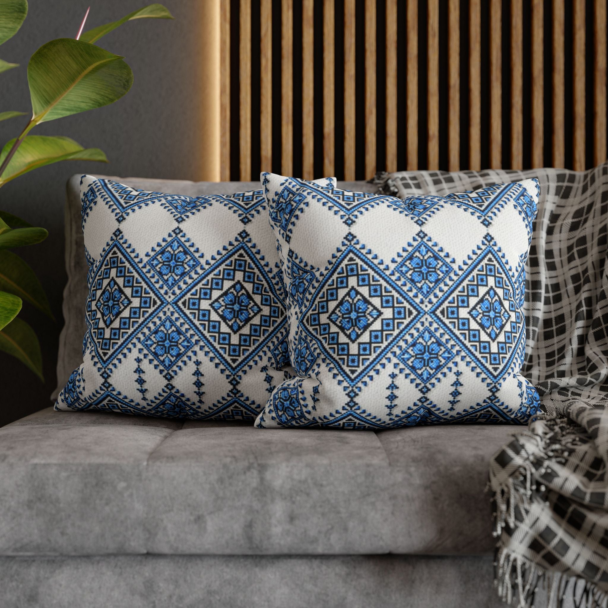 Blue Sky Folk Art Tile Pillow Cover | Ukrainian Heritage Floral Cushion