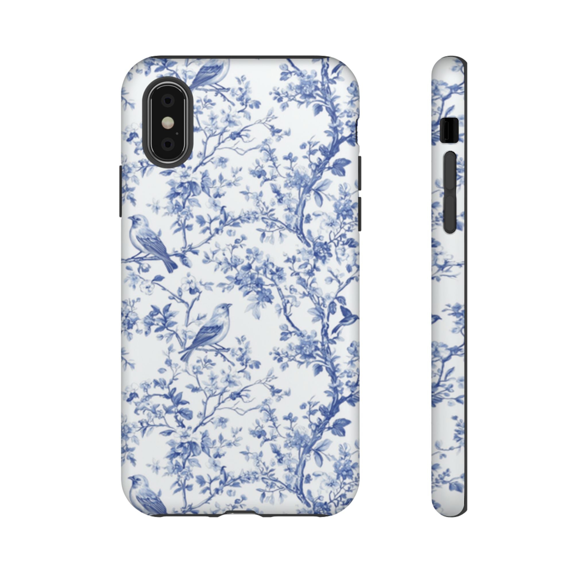 Blue Floral Vine Phone Case, Toile-inspired romantic floral Marbleized Branch Pattern