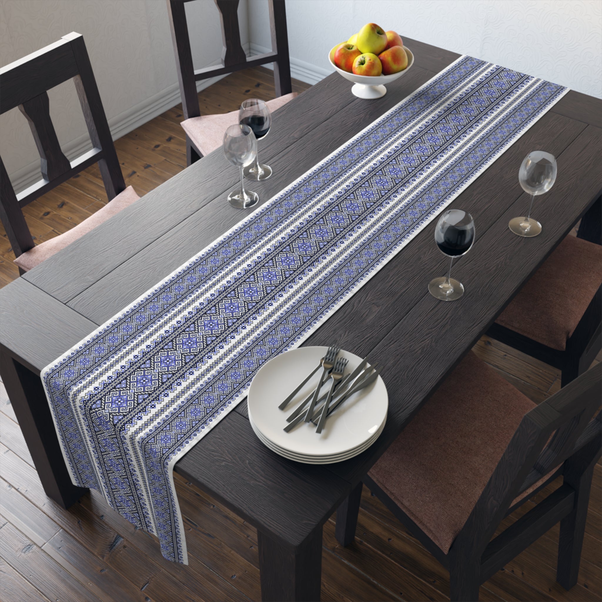Stasia Blue Table Runner | Ukrainian Folk Embroidery | Indigo Geometric Dining Linen