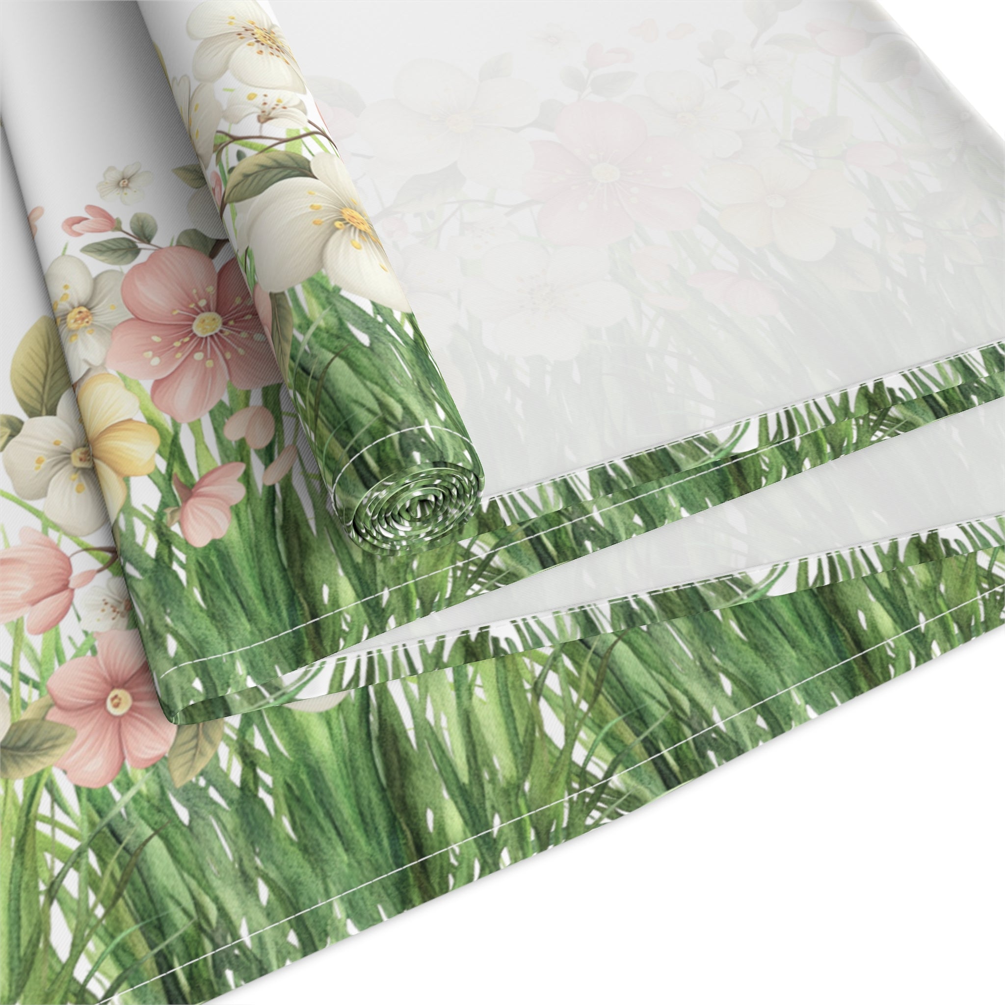 Spring Floral Table Runner, Cotton  Polyester Table Decor, Green Grass Border with Pink White Flowers, Dining Table Runner in 16×72, 16×90