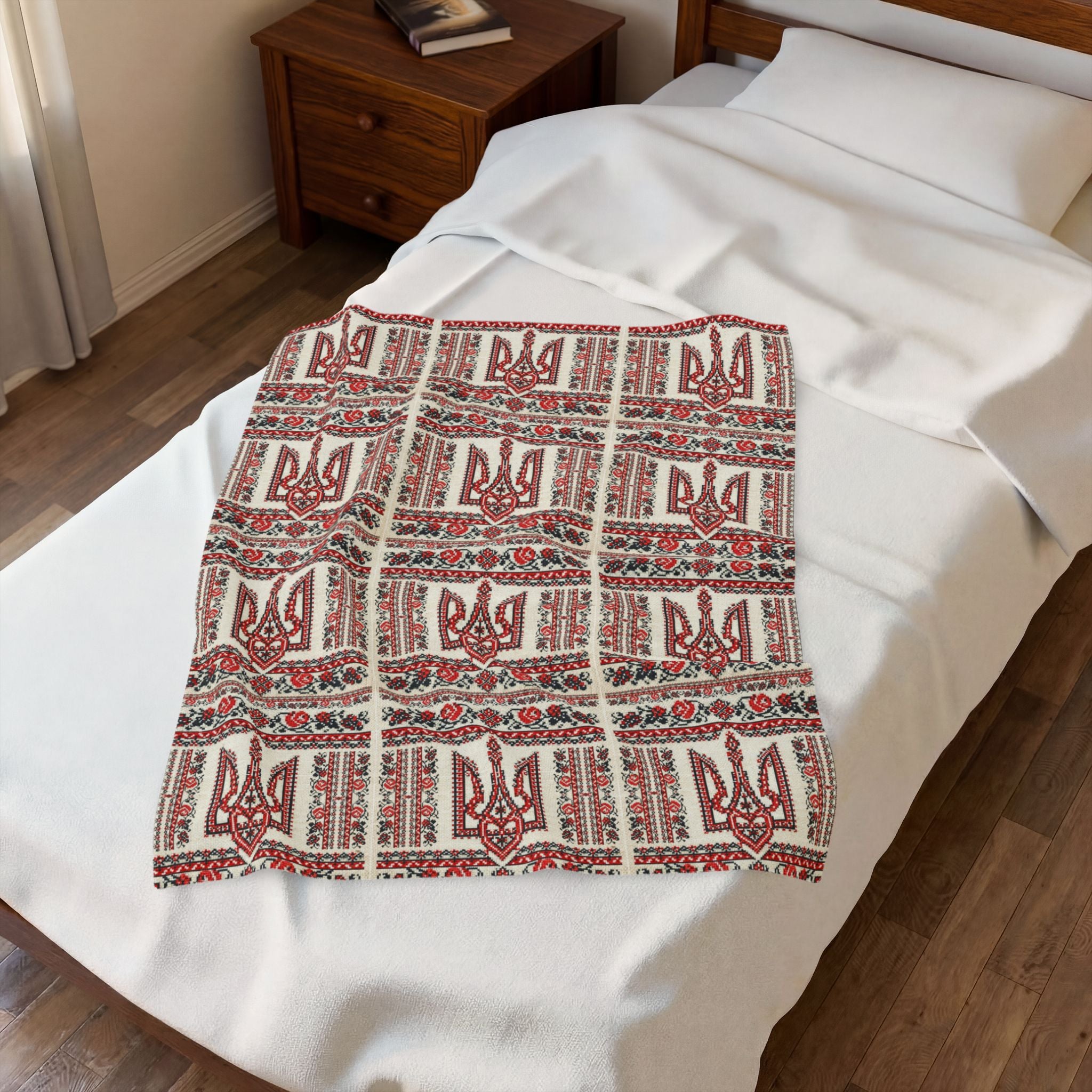 Tryzub Velvet Plush Blanket, Soft Red Black Embroidery Pattern, Ukrainian Folk Art Trident Throw