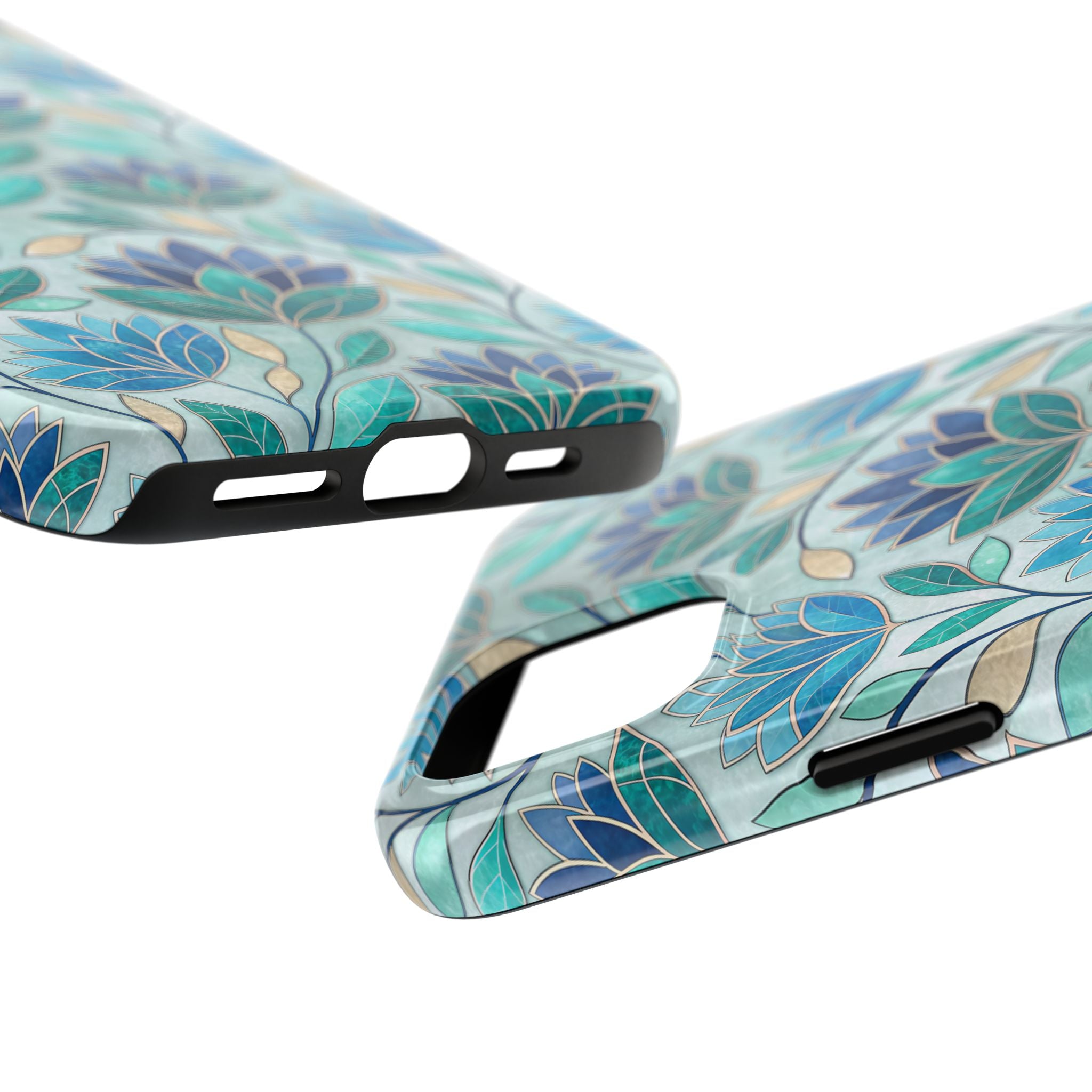BLUESKYDEZIGN | Mosaic Stained Glass Phone Case | Teal Blue Floral Watercolor iPhone Cover | Artistic Gift for Her