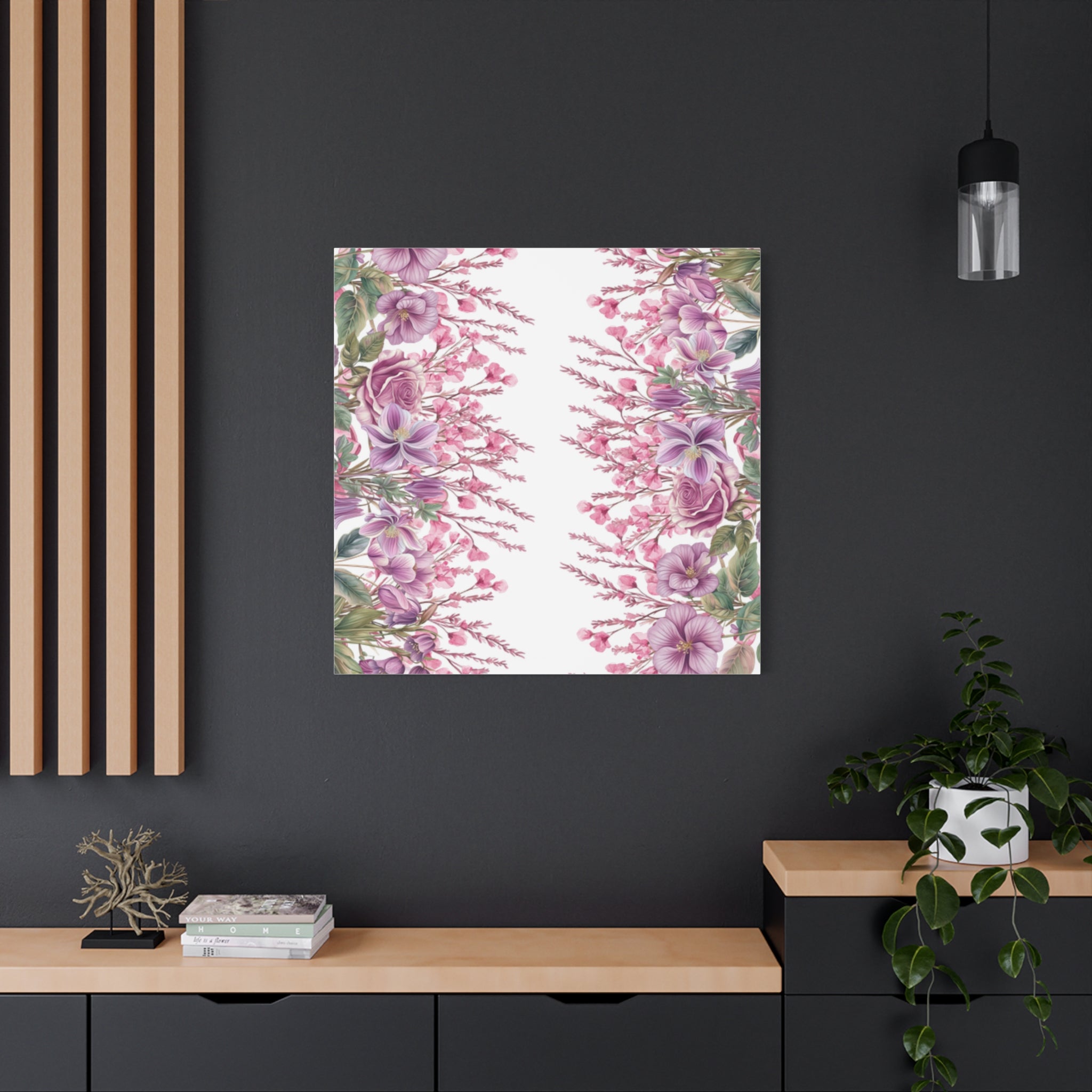 Floral Matte Canvas Wall Art, Pink Purple Botanical Print, Modern Symmetrical Flower Design, Stretched 1.25" Canvas Home Decor