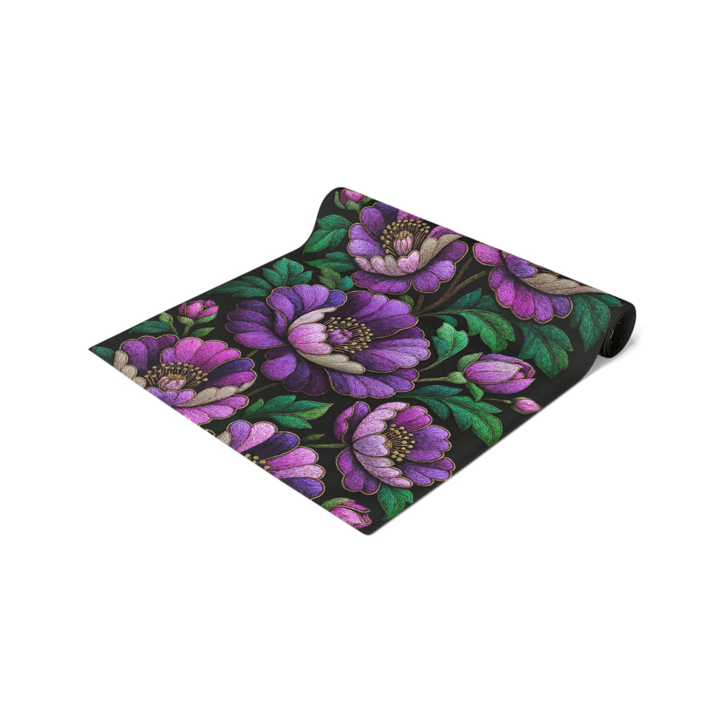 BLUESKYDEZIGN | Petrykivka Bloom Purple Peony Table Runner | Ukrainian Folk Art Dining Decor | Dark Cottagecore | Cotton or Polyester
