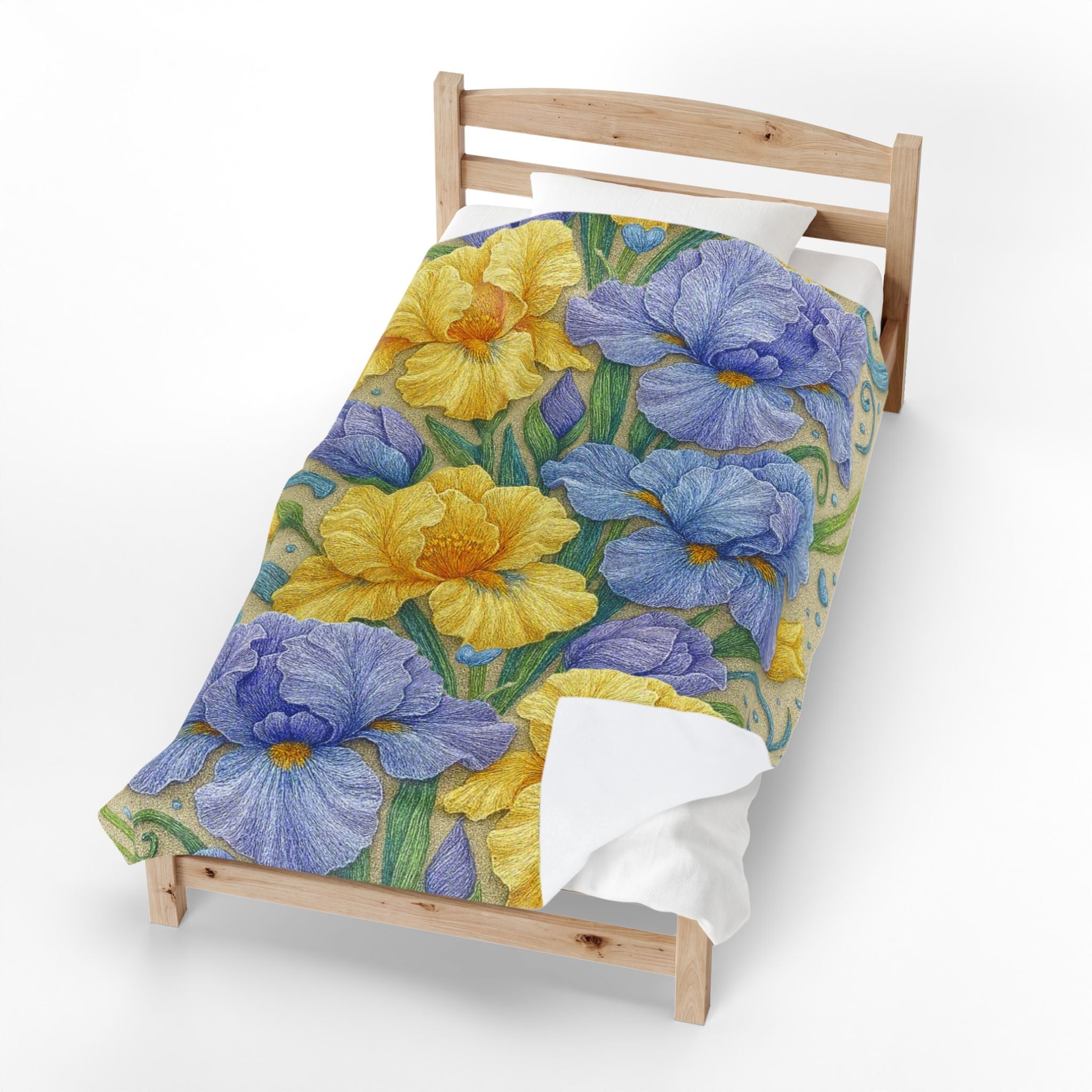 BLUESKYDEZIGN | Yellow and Purple Irises Velveteen Blanket | Irises in Bloom Collection | Cozy Spring Floral Throw | Botanical Gift