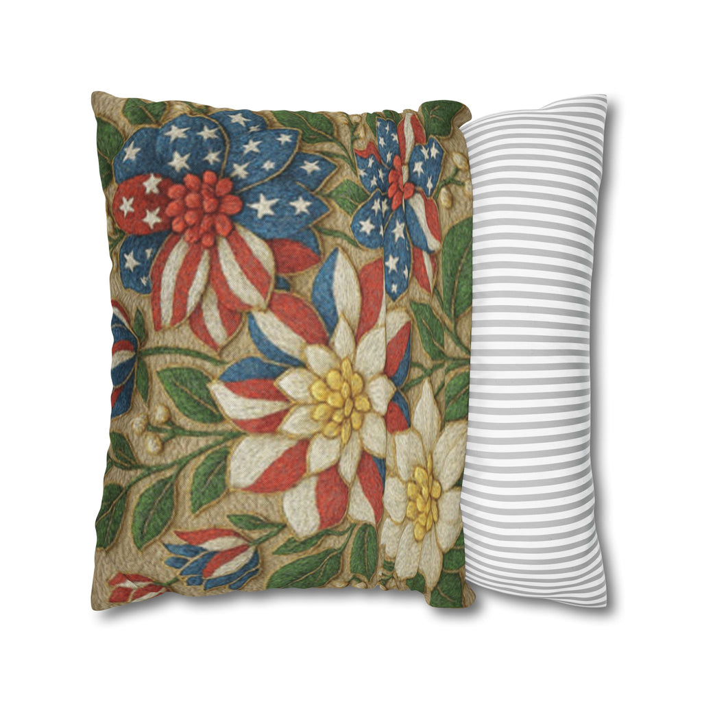 Patriotic Floral Pillowcase | Red White Blue Bouquet Cushion Cover | 4th of July Decor