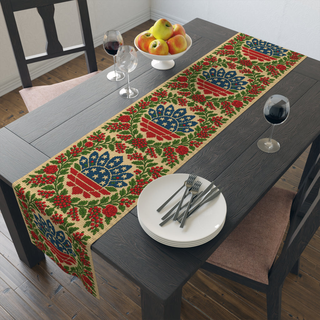 America 250 Floral Table Runner – Patriotic Medallion Design | Farmhouse & Americana Decor