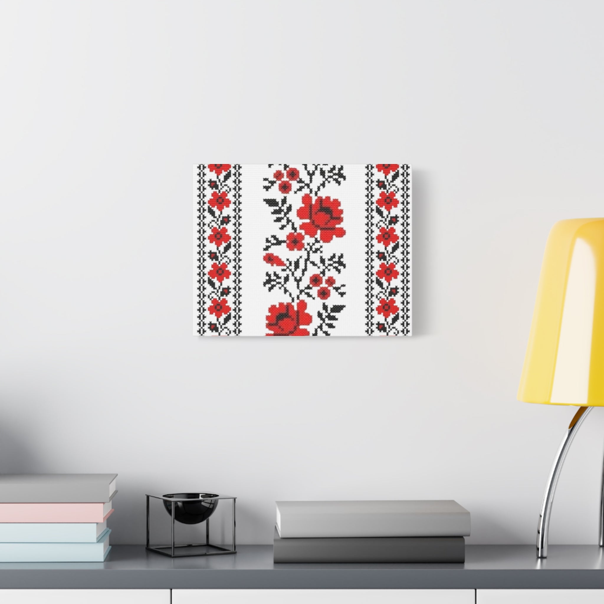 Ukrainian Embroidery Wall Art, Red Black Folk Floral Pattern, Traditional Slavic Home Decor Canvas for Living Room or Entryway, Matte Print, Stretched 1.25" Ready to Hang