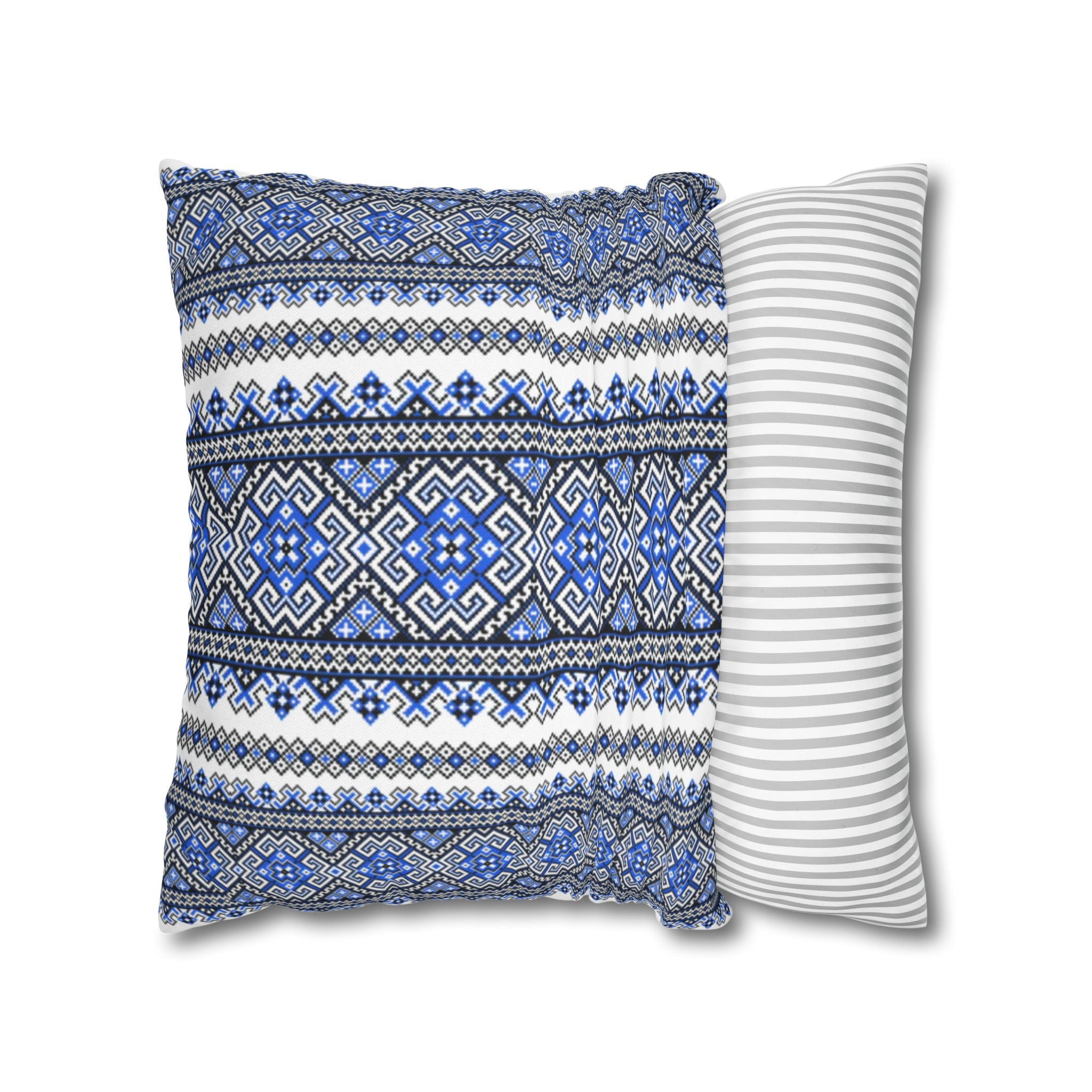 Stasia Blue Pillow Cover | Ukrainian Folk Floral Art | Indigo Geometric Cushion Cover