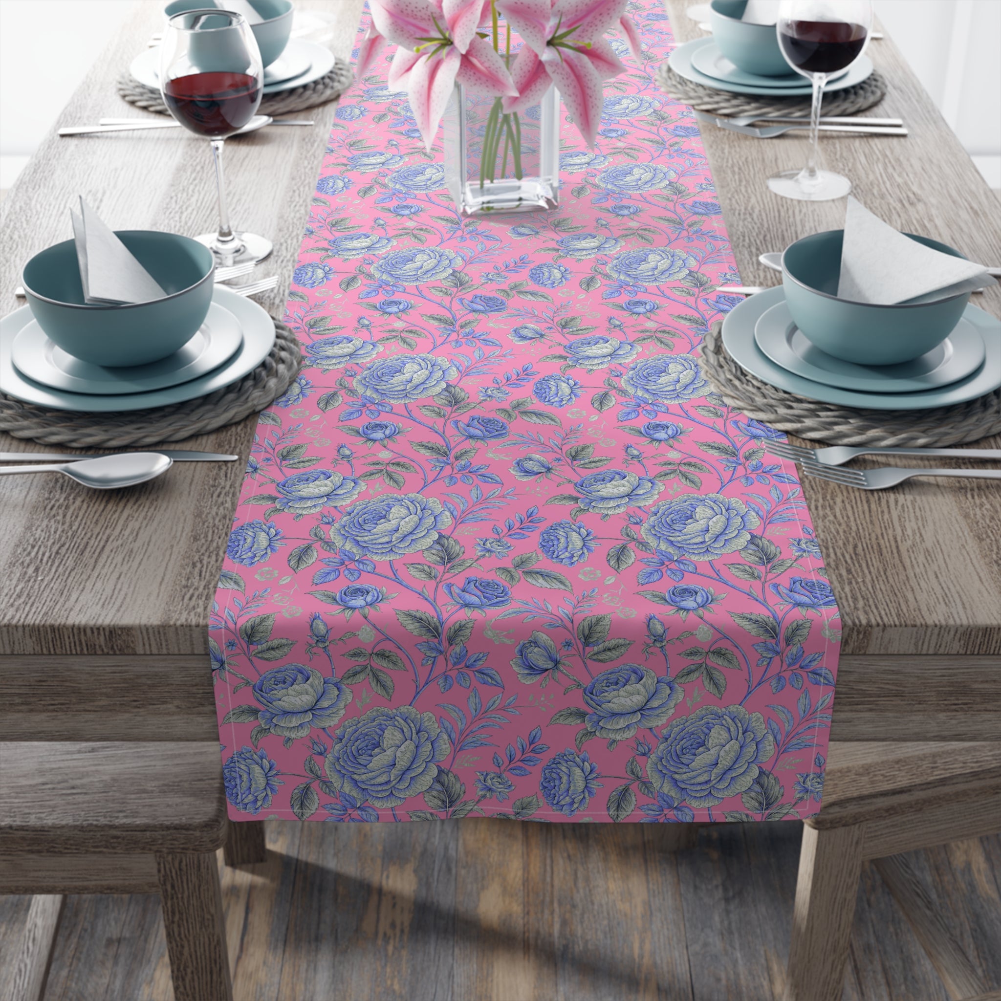 Pink Blue Rose Table Runner | Floral Cottagecore | Cotton or Polyester