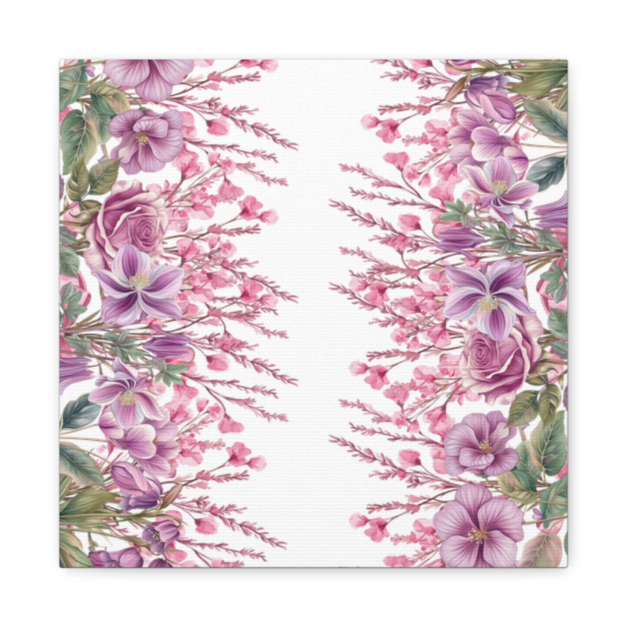 Floral Matte Canvas Wall Art, Pink Purple Botanical Print, Modern Symmetrical Flower Design, Stretched 1.25" Canvas Home Decor