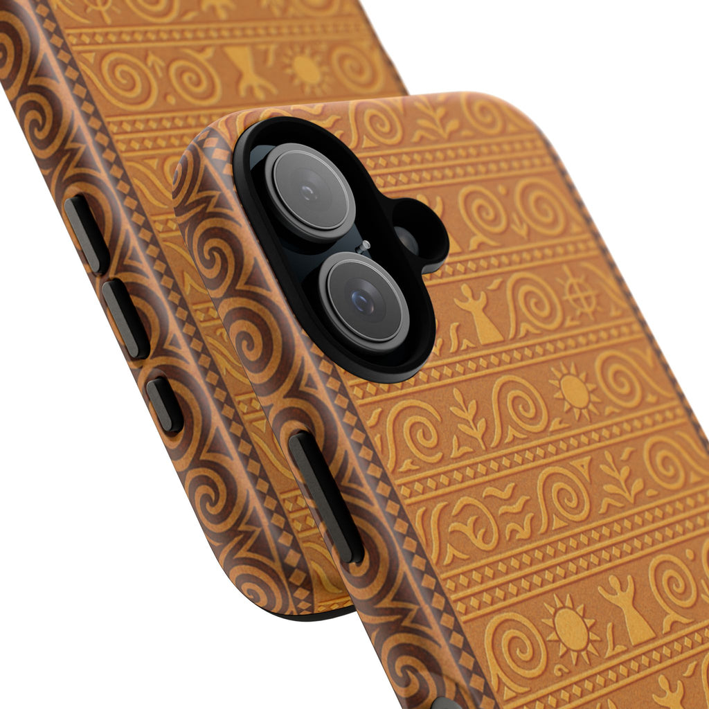 Protective tough phone case featuring a 3D wrap-around Trypillian pattern with ancient sun and spiral symbols in warm terracotta and earthy brown.