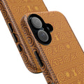 Protective tough phone case featuring a 3D wrap-around Trypillian pattern with ancient sun and spiral symbols in warm terracotta and earthy brown.