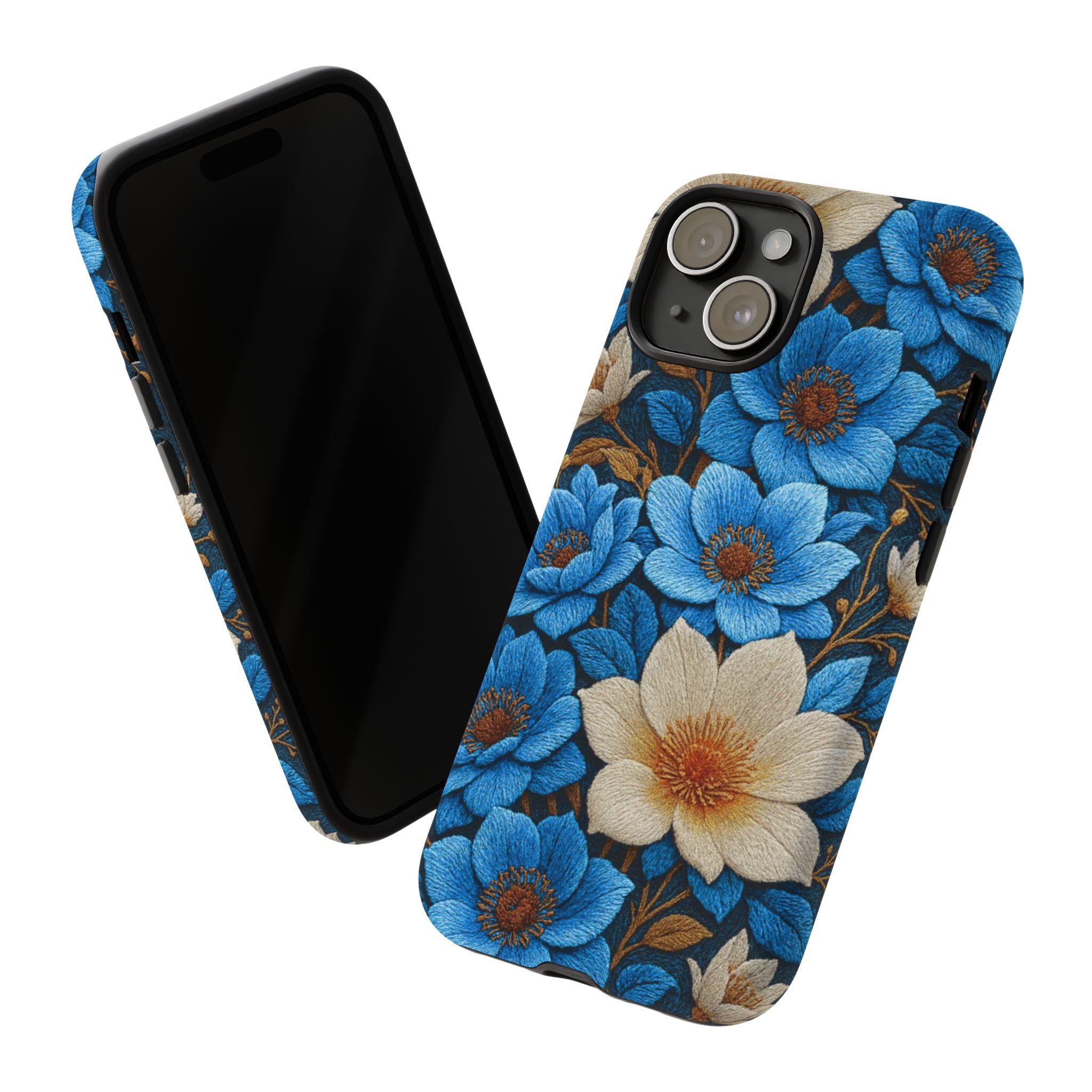 Midnight Symphony Floral Tough Phone Case – Navy Blue & Cream Botanical Cover, Shockproof Dual-Layer Protection