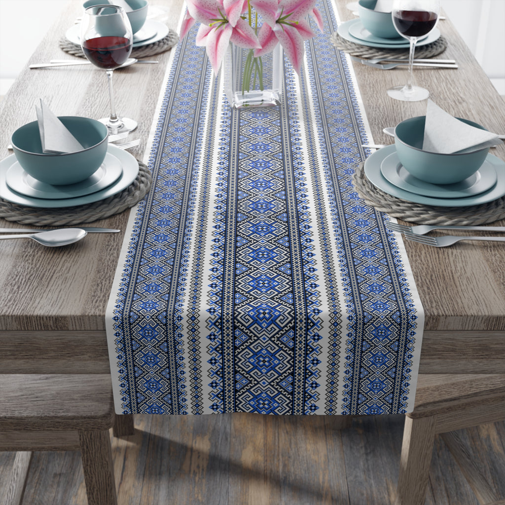 Stasia Blue Table Runner | Ukrainian Folk Embroidery | Indigo Geometric Dining Linen