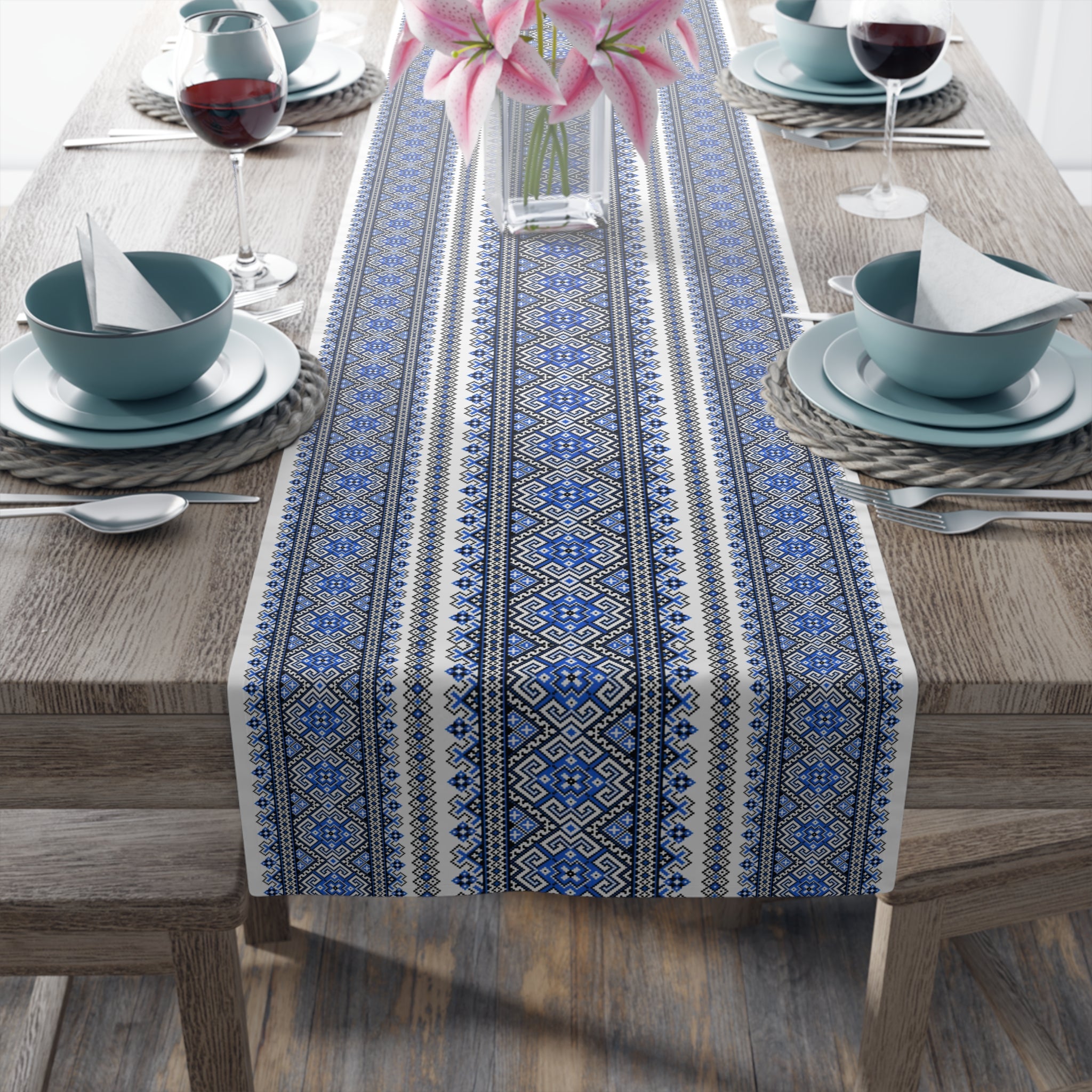 Stasia Blue Table Runner | Ukrainian Folk Embroidery | Indigo Geometric Dining Linen
