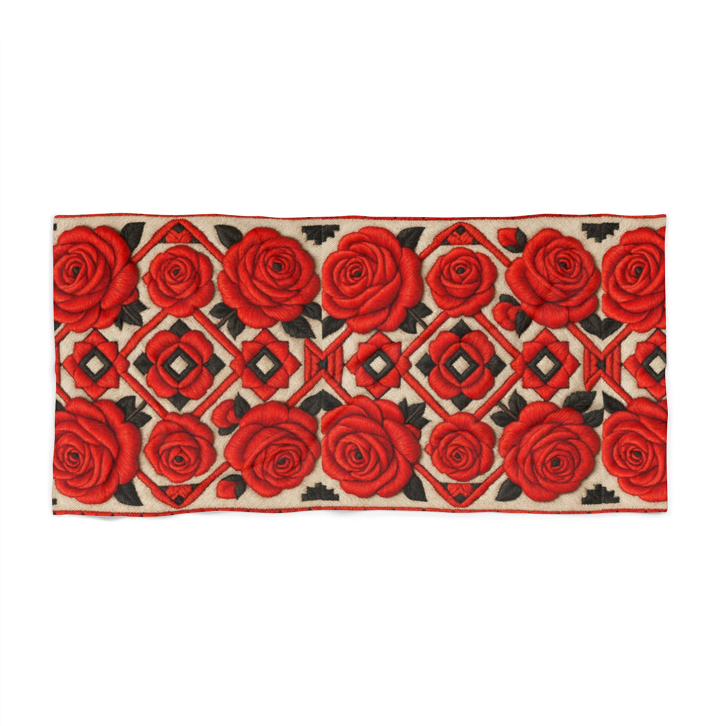 Red Roses Beach Towel | Vintage Floral Geometric Pool Towel | Soft Cotton Backing Oversized Swim Gift
