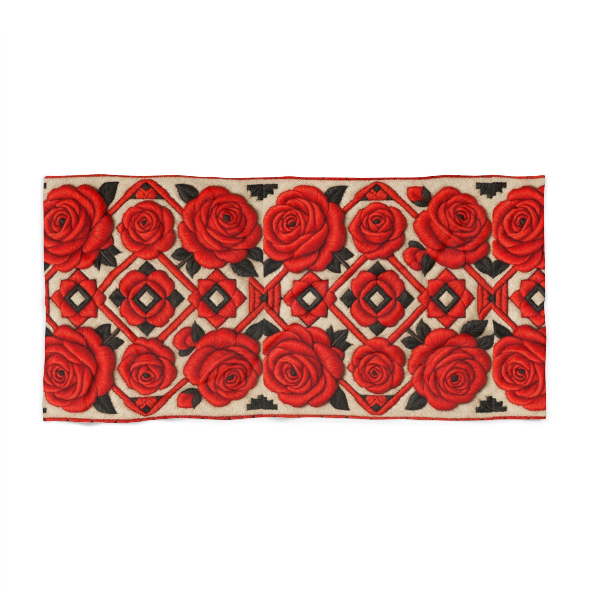 Red Roses Beach Towel | Vintage Floral Geometric Pool Towel | Soft Cotton Backing Oversized Swim Gift