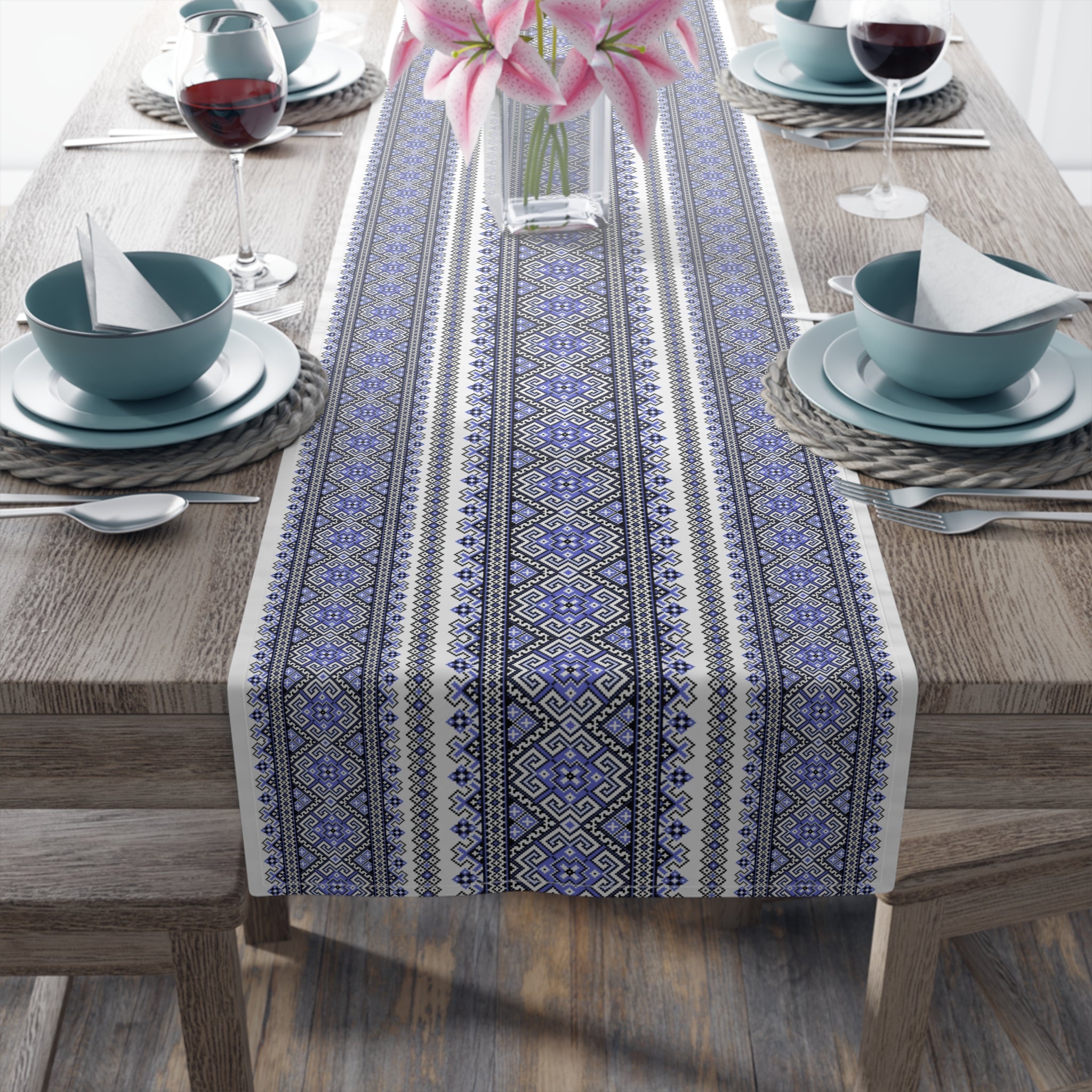 Stasia Blue Table Runner | Ukrainian Folk Embroidery | Indigo Geometric Dining Linen