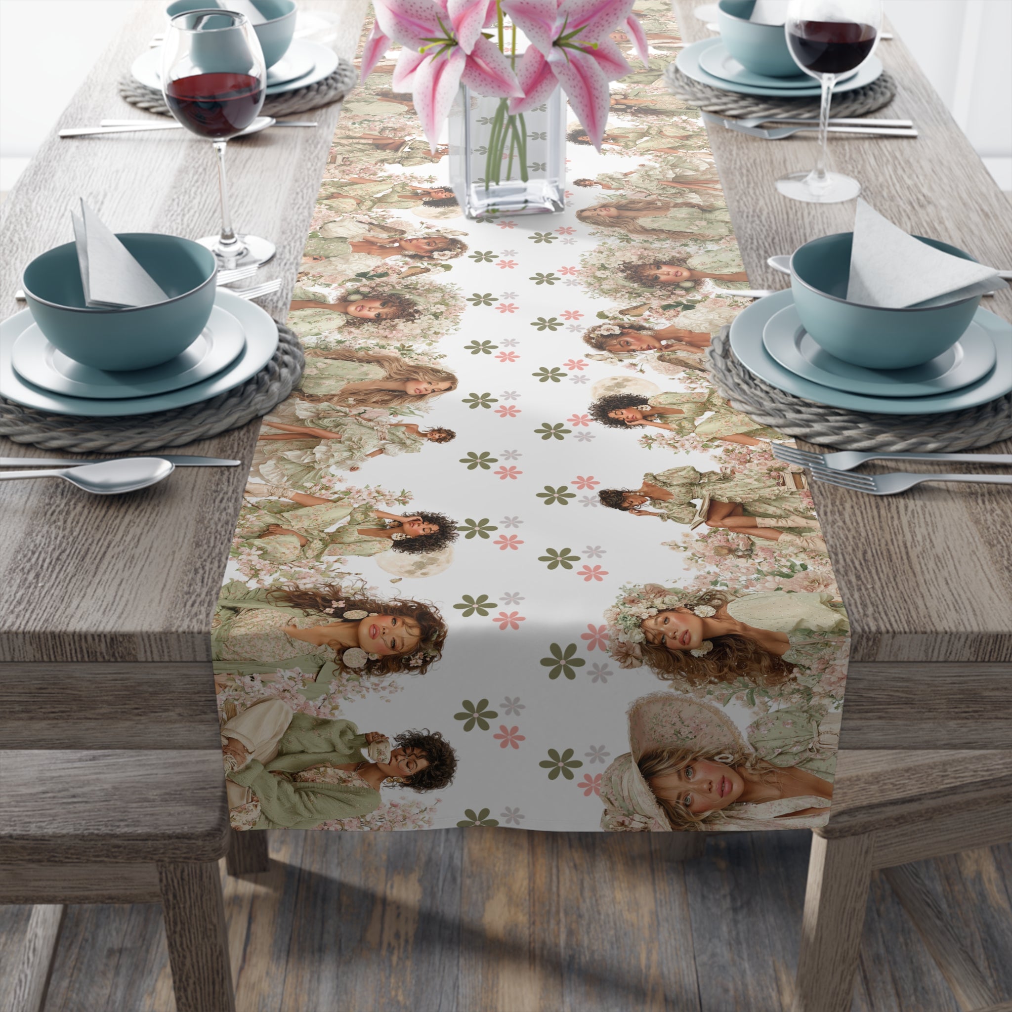 Vintage Floral Women Table Runner, Cotton  Polyester, Artistic Spring Table Decor, Pink  Green Flower Pattern, 16×72, 16×90