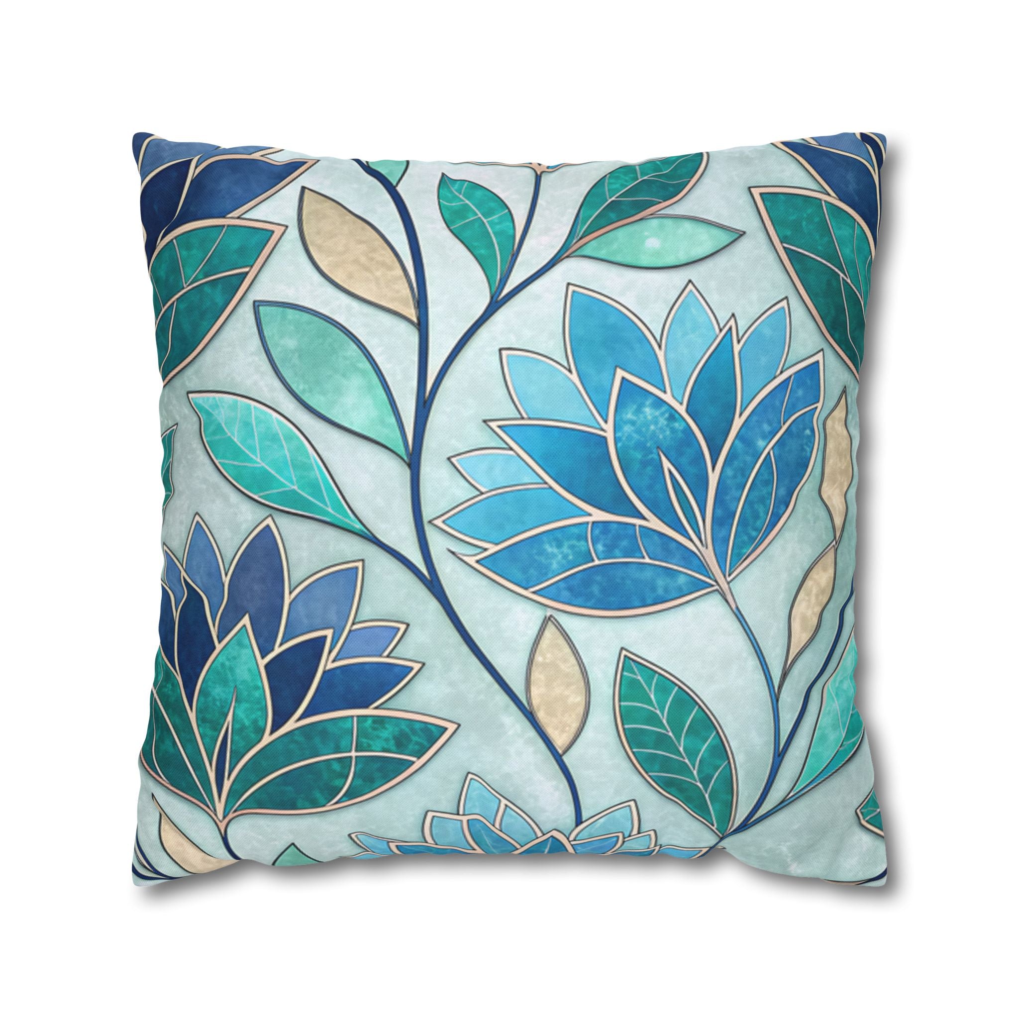 BLUESKYDEZIGN Teal Blue Mosaic Stained Glass Pillow Cover - Artistic Decor