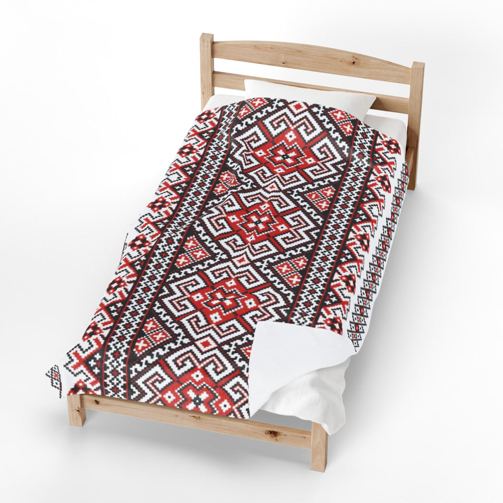 Stasia Red Blanket – Ukrainian Folk Art Velvet Plush Throw, Red & Black Geometric