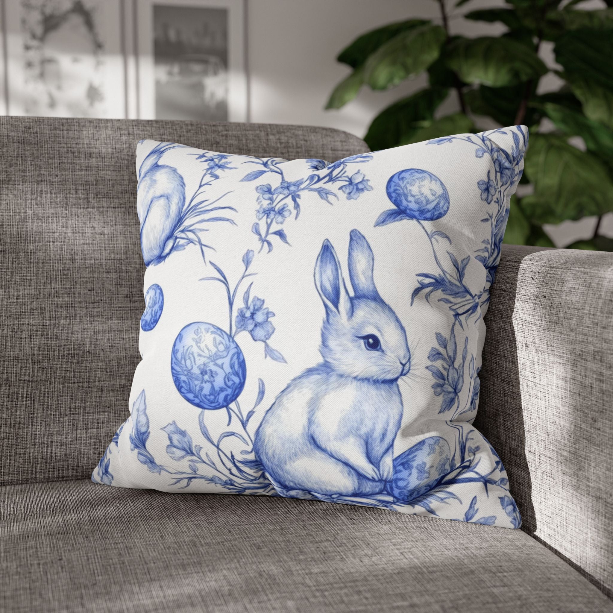 Bunny Bouquet Pillowcase, Square Pillowcase,Floral Rabbits on Blue, Patrick's day, Living Room,Home Decor,bedroom, housewarming,cottage core