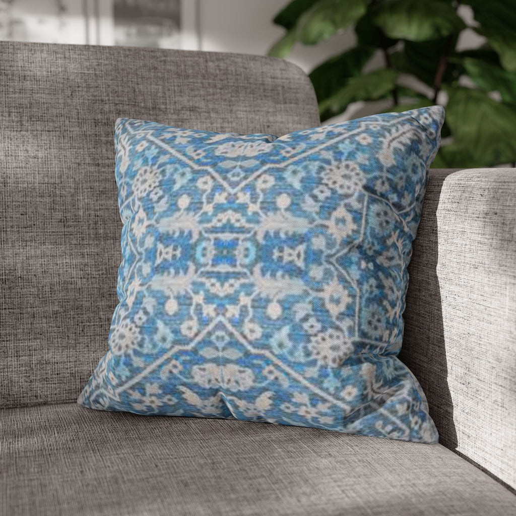 BLUESKYDEZIGN Grandmother's Heritage Pillow Cover - Blue Ikat Floral, Boho Modern Rustic Cushion