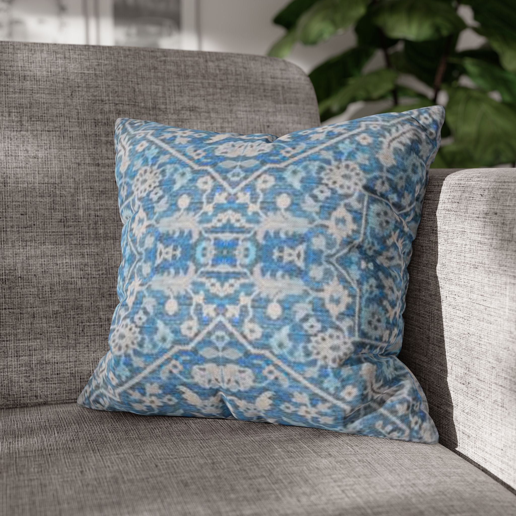 BLUESKYDEZIGN Grandmother's Heritage Pillow Cover - Blue Ikat Floral, Boho Modern Rustic Cushion