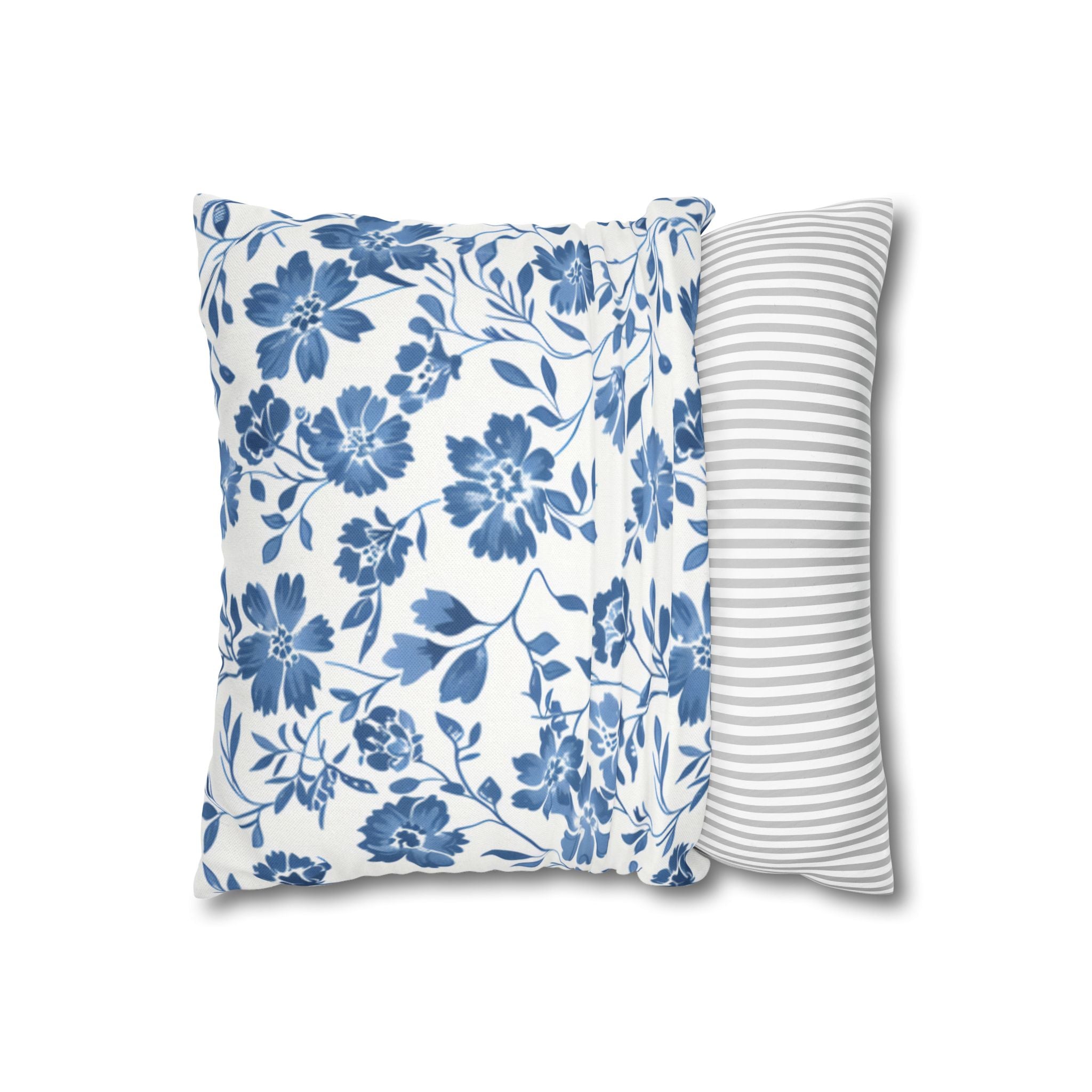 Light Blue Floral Pillowcase Spun Polyester Square Pillowcase | Blue Flower Pillow Cover
