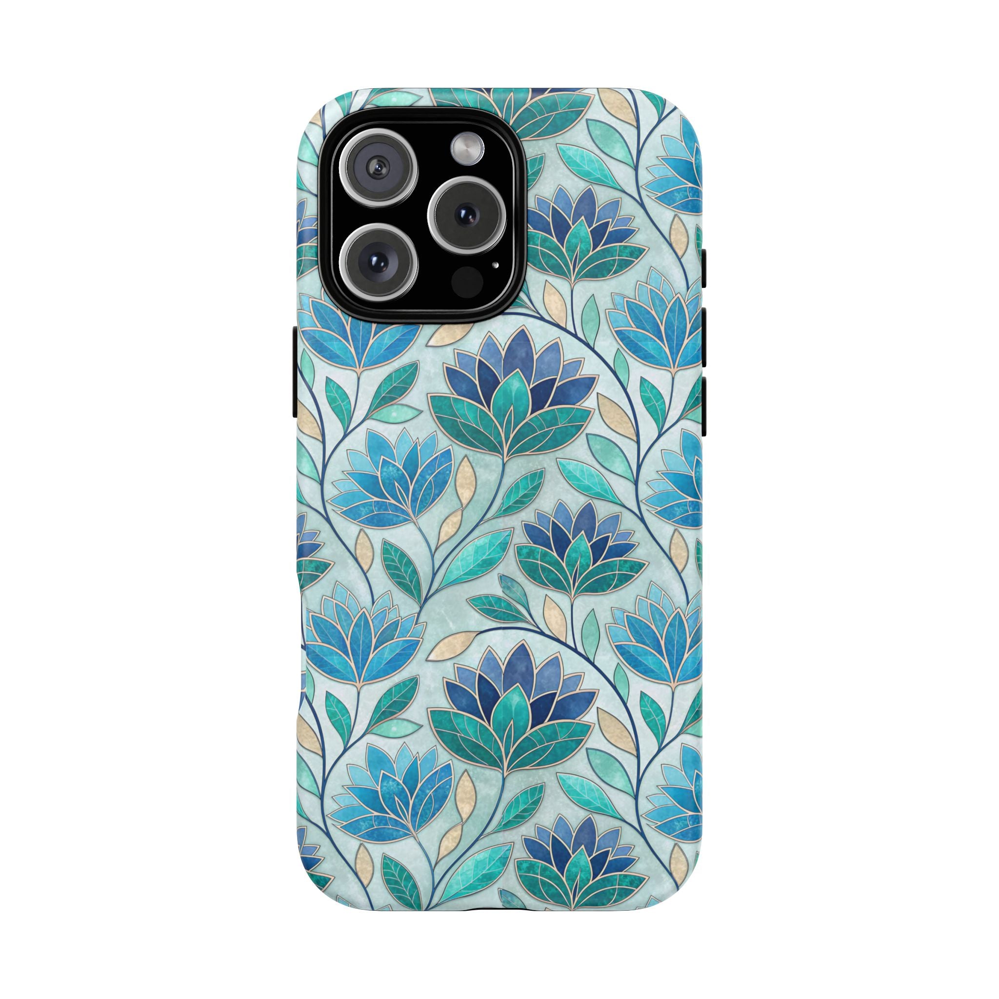 Mosaic iPhone Case, Stained Glass Floral Phone Cover, Teal Blue Protective Case, Matte Glossy Options, Artistic Mosaic Pattern