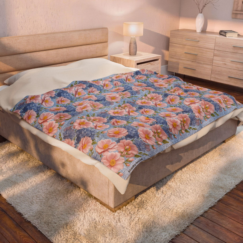 Pink Peony & Blue Hydrangea Plush Blanket | Soft Provence Velveteen Throw