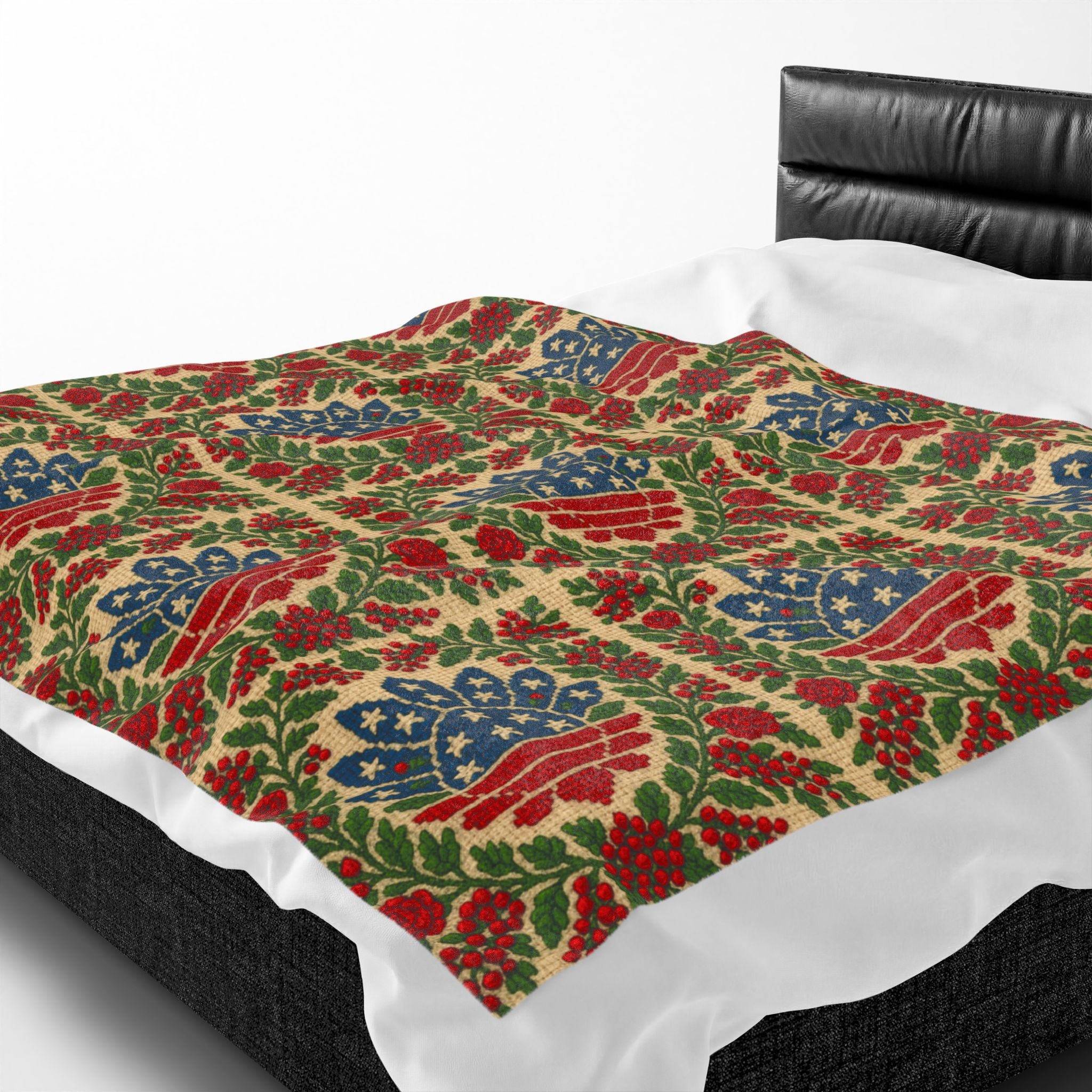 America 250 Velveteen Plush Blanket | Patriotic Folk Floral Throw | 1776–2026 Anniversary Gift
