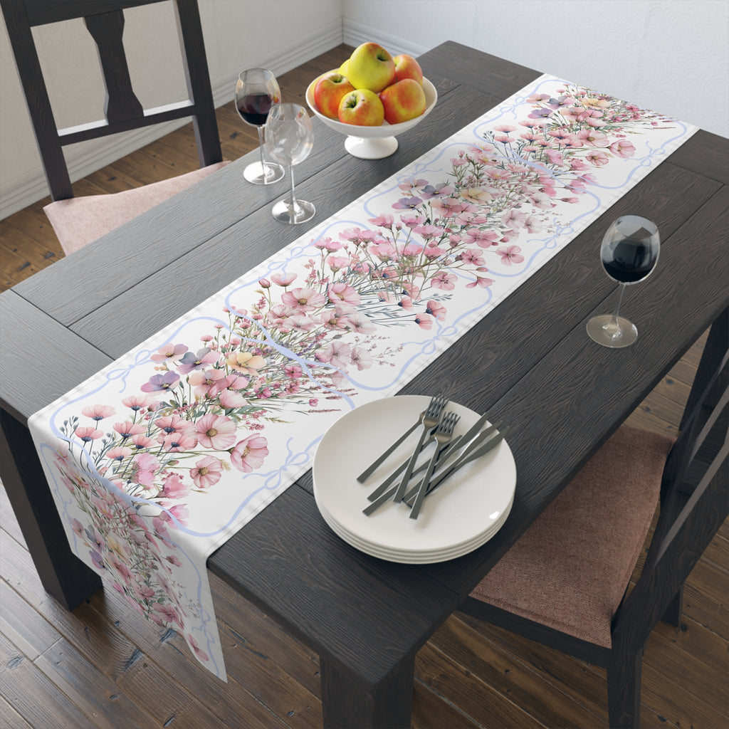 BLUESKYDEZIGN Spring Pink Purple Floral Table Runner - Botanical Wedding Decor