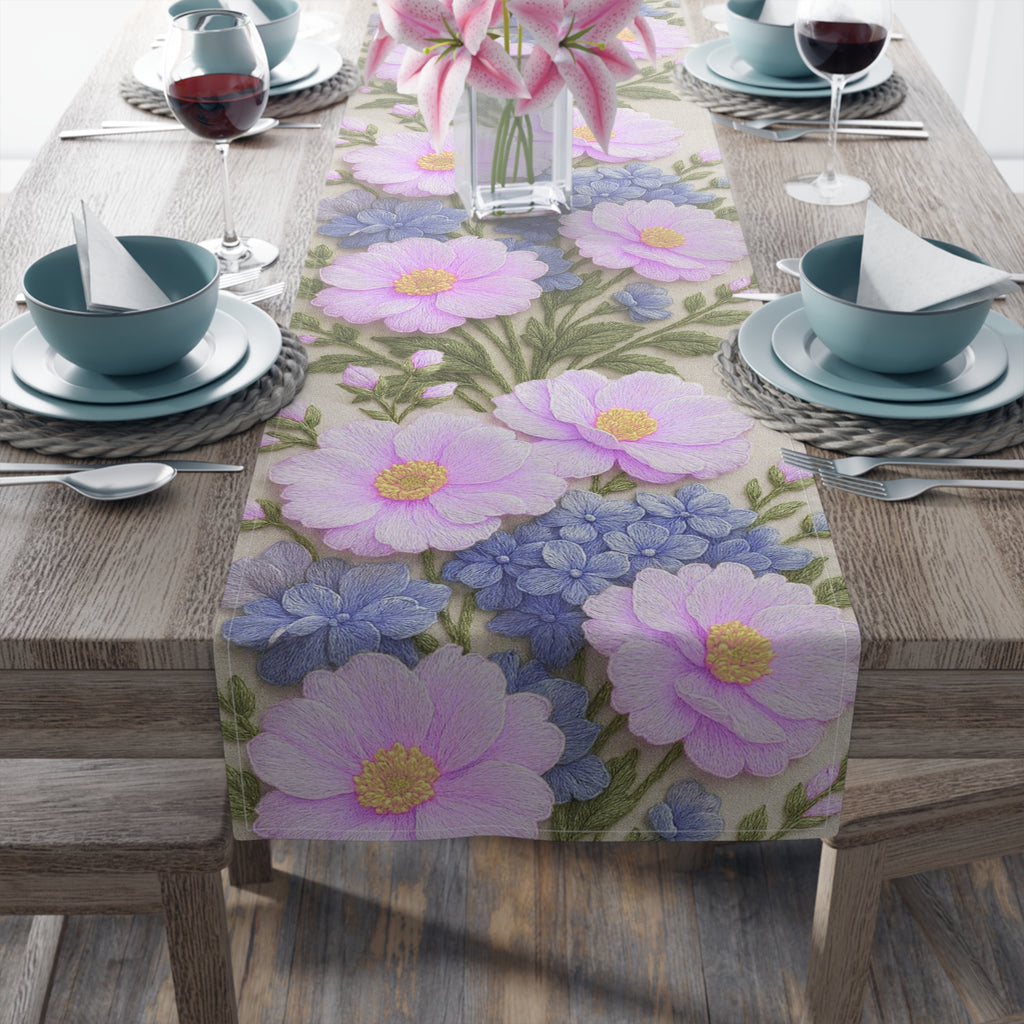 Pink Cosmos and Blue Hydrangea Table Runner, Floral Table Decor, Alexandra Bloom Collection, Cotton Twill or Polyester Dining Runner