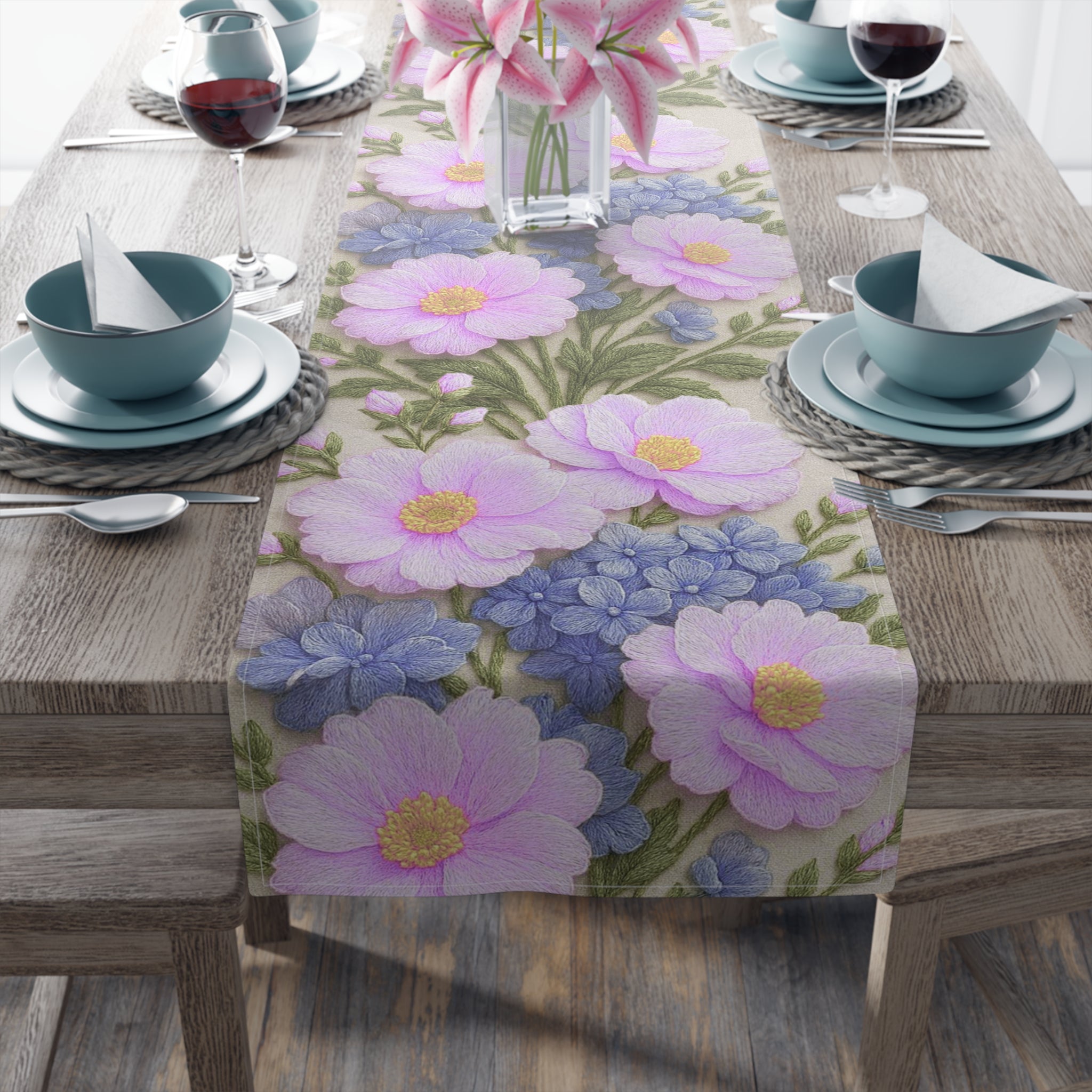 Pink Cosmos and Blue Hydrangea Table Runner, Floral Table Decor, Alexandra Bloom Collection, Cotton Twill or Polyester Dining Runner